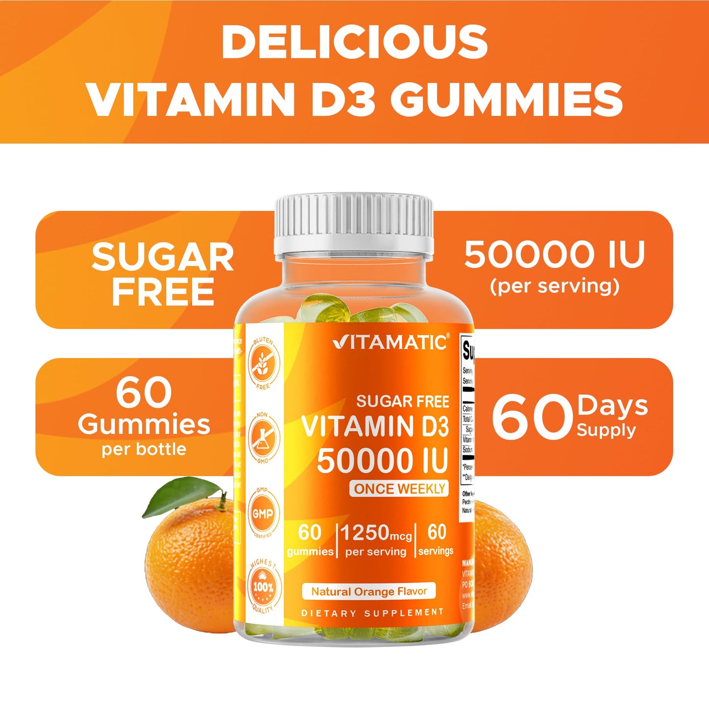 Vitamatic Sugar Free Vitamin D3 50,000 IU Weekly Supplement Gummies 60 Count