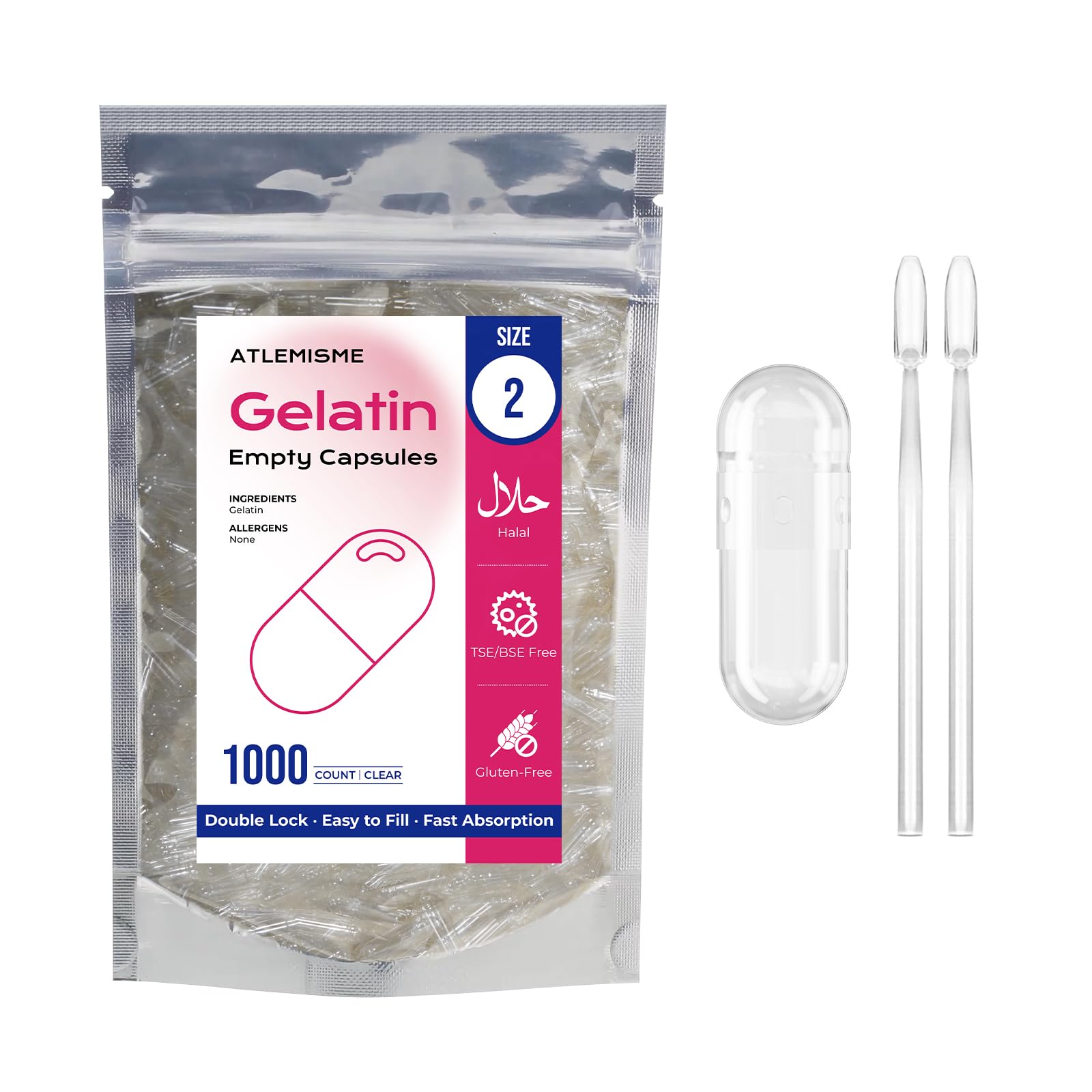 ATLEMISME Empty Gelatin Capsules Size 2, 1000 Count