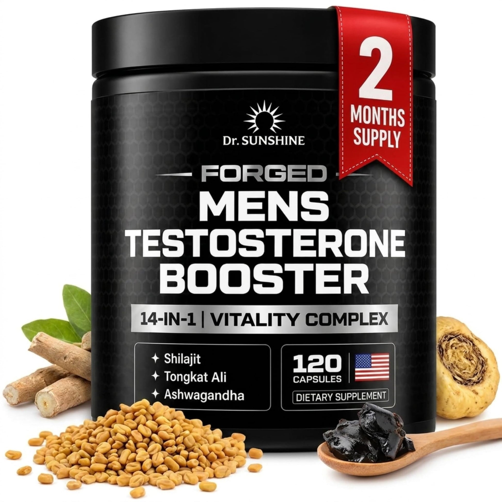 DR. SUNSHINE Forged Testosterone Supplement for Men –14 in 1 Natural Male Strength with Shilajit, Ashwagandha, Tongkat Ali – Muscle Builder Testosterone Booster, 120 Capsules