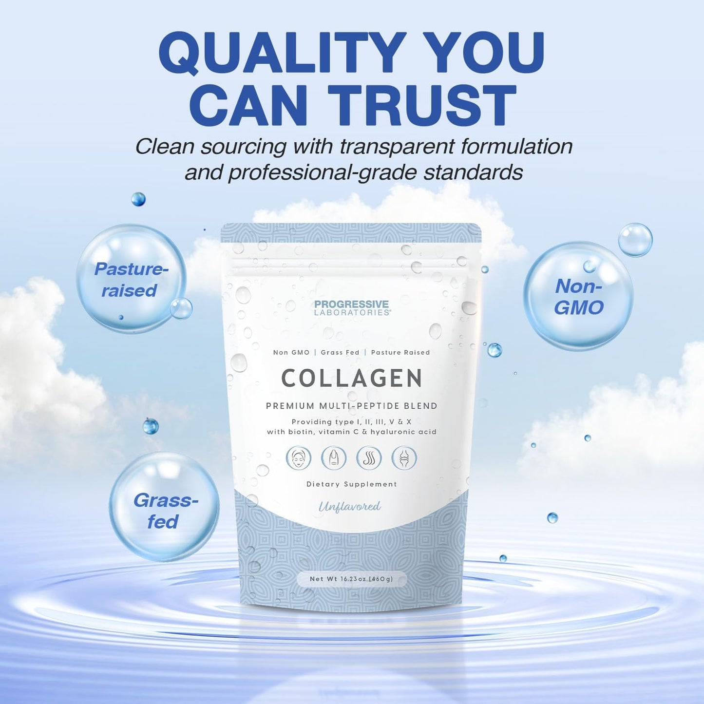 Progressive Laboratories Multi Collagen Peptides Powder – Types I, II, III, V & X with Biotin, Vitamin C & Hyaluronic Acid – Grass-Fed, Non-GMO, Unflavored Collagen Powder Supplement for Skin, Hair, Nails & Joint Support, 16.23