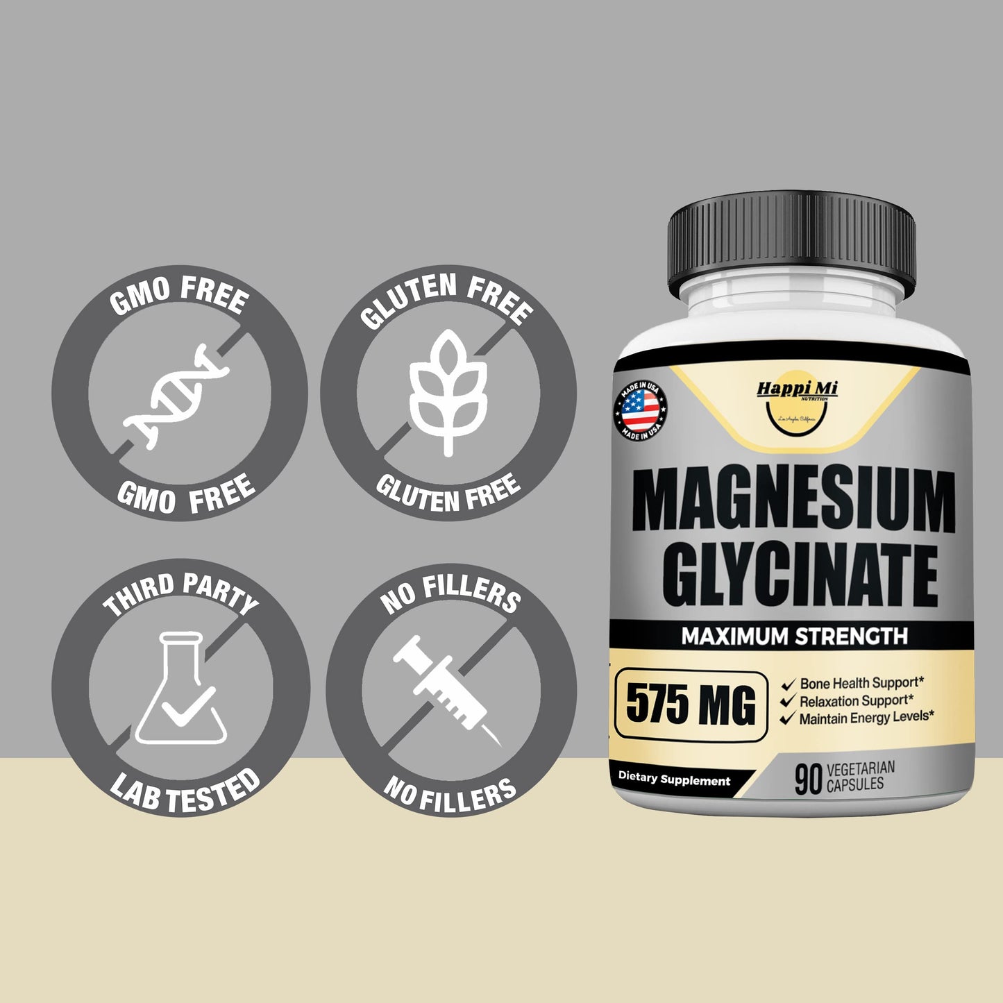 Happi Mi Nutrition Magnesium Glycinate 575mg Capsule, 90 Capsules