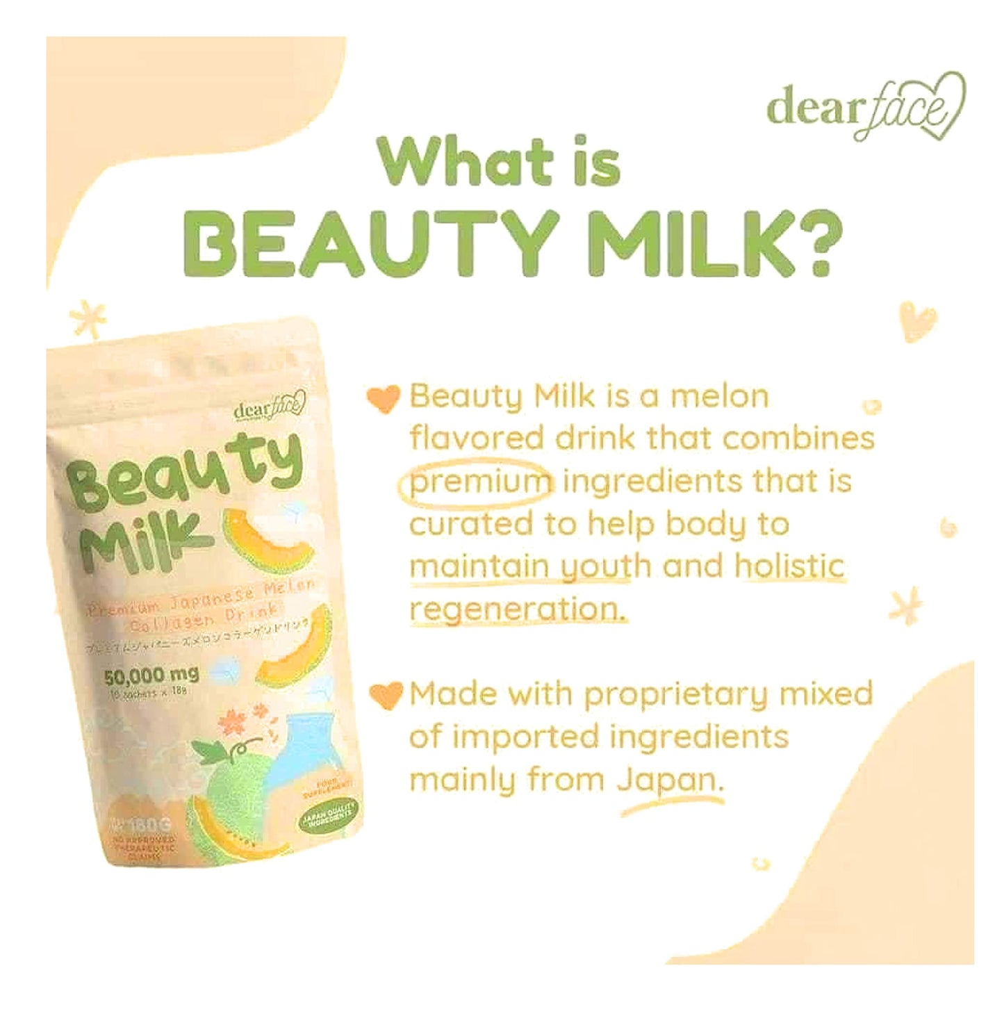 Dear Face Beauty Milk Japanese Collagen Melon Drink Powder 12.6 oz 50,000mg Hydrolyzed Collagen