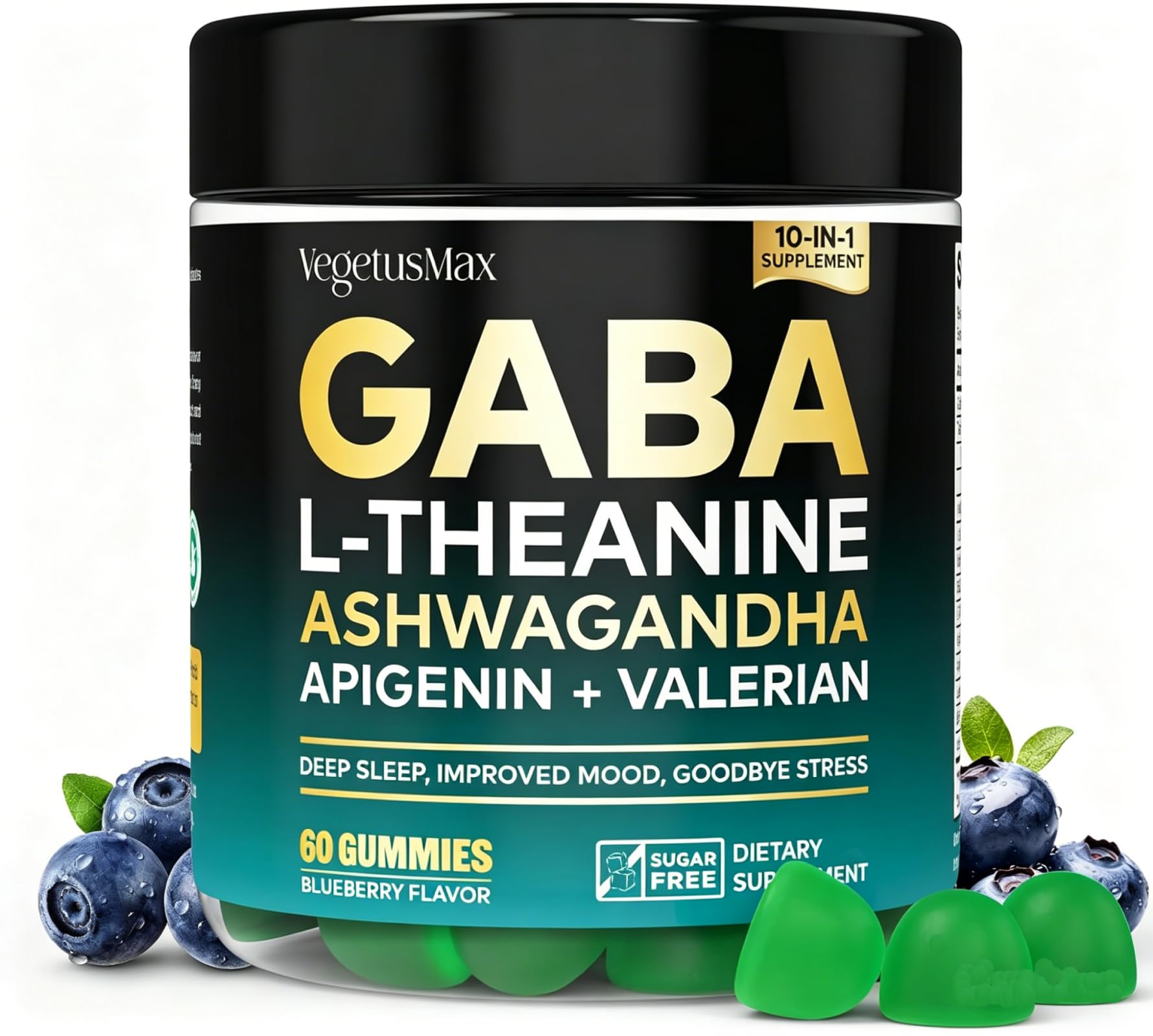 VEGETUSMAX GABA 500mg Sugar-Free Calm with L-Theanine, Ashwagandha, Magnesium, Vitamins D3, B6, Melatonin-Free Blueberry Flavor Gummies, 60 Count