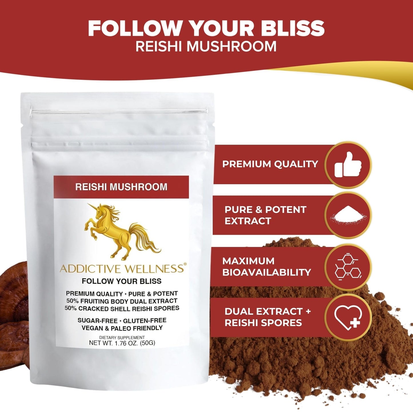 Addictive Wellness Reishi Mushroom Extract Powder + Spores (50/50 Blend) Wood Grown Pure & Potent Wildcrafted Ganoderma, 1.76 oz