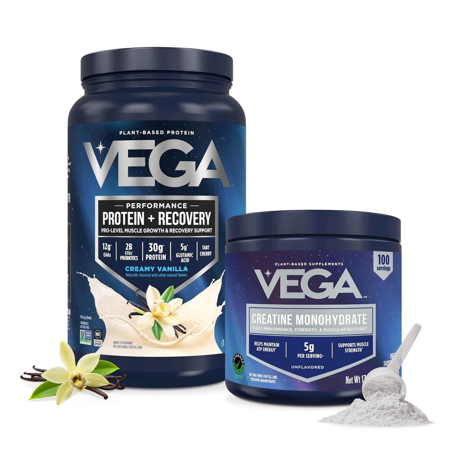 Vega Protein + Recovery Vanilla & Creatine Monohydrate Powder Bundle, Plant-Based Protein & Creatine Monohydrate Powder, 2.9 lb Total