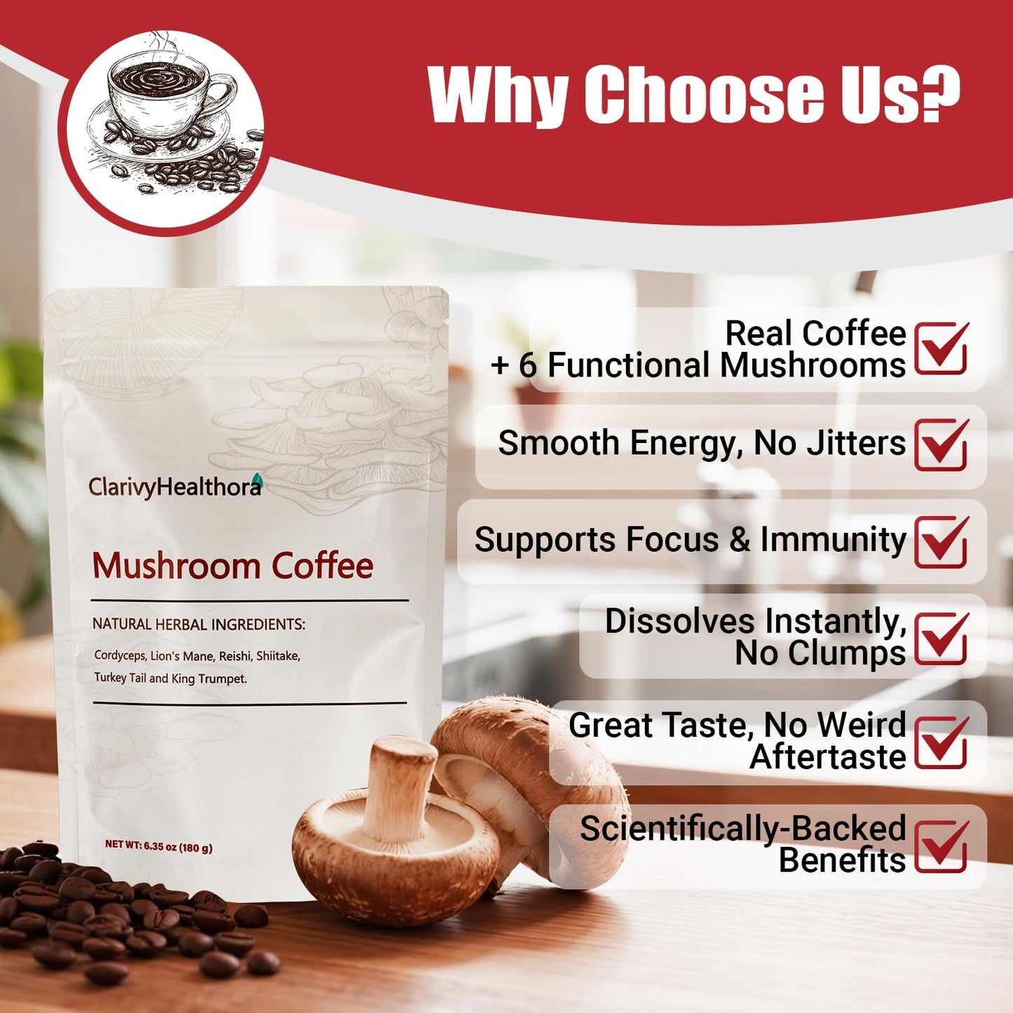 ClarivyHealthora Mushroom Coffee Powder 6.34 Ounce