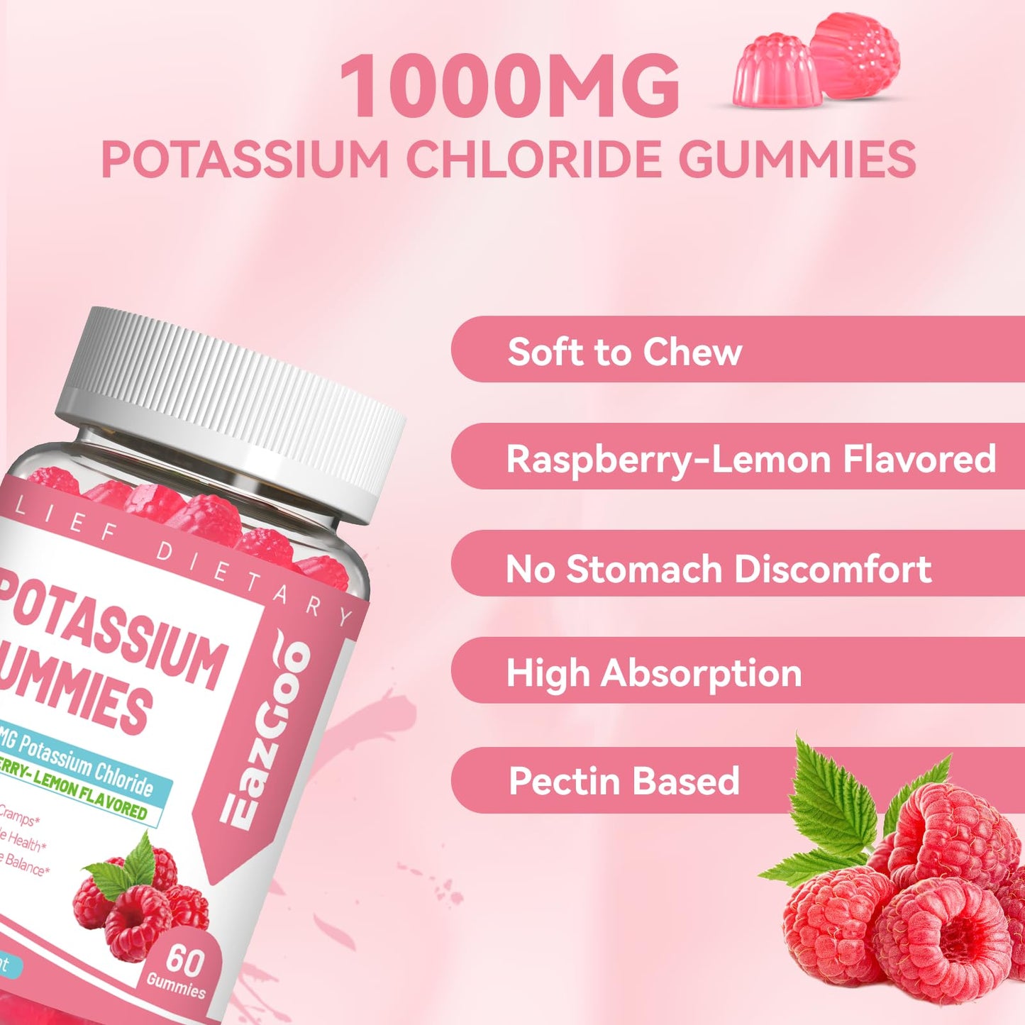 EAZGOO Potassium Gummies 1000mg, Chewable Potassium Supplement for Adults, Sugar Free, Vegan, 60 Count