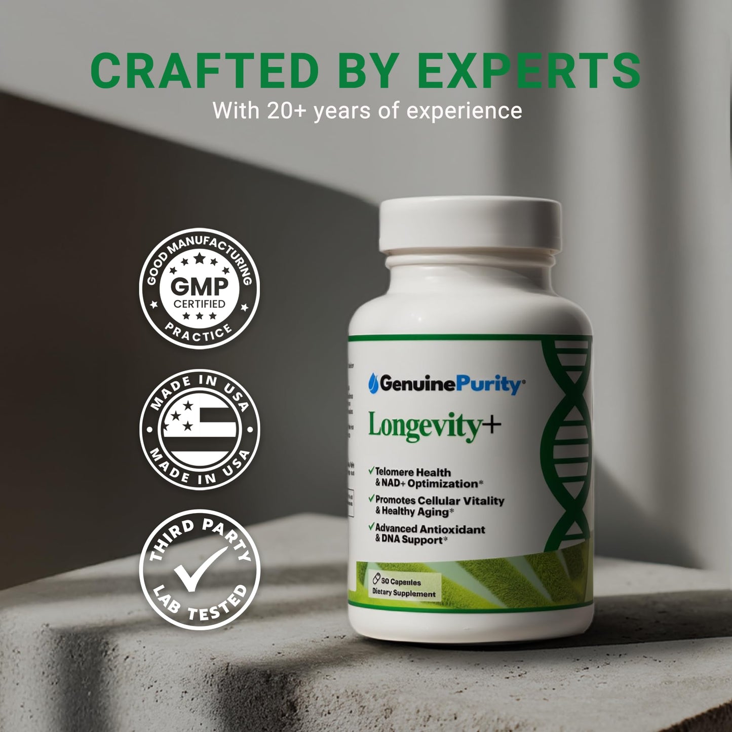 GenuinePurity Longevity+ 5-in-1 Cellular Wellness Formula with NMN, Cycloastragenol, CoQ10, Resveratrol & Selenium, 60 Capsules