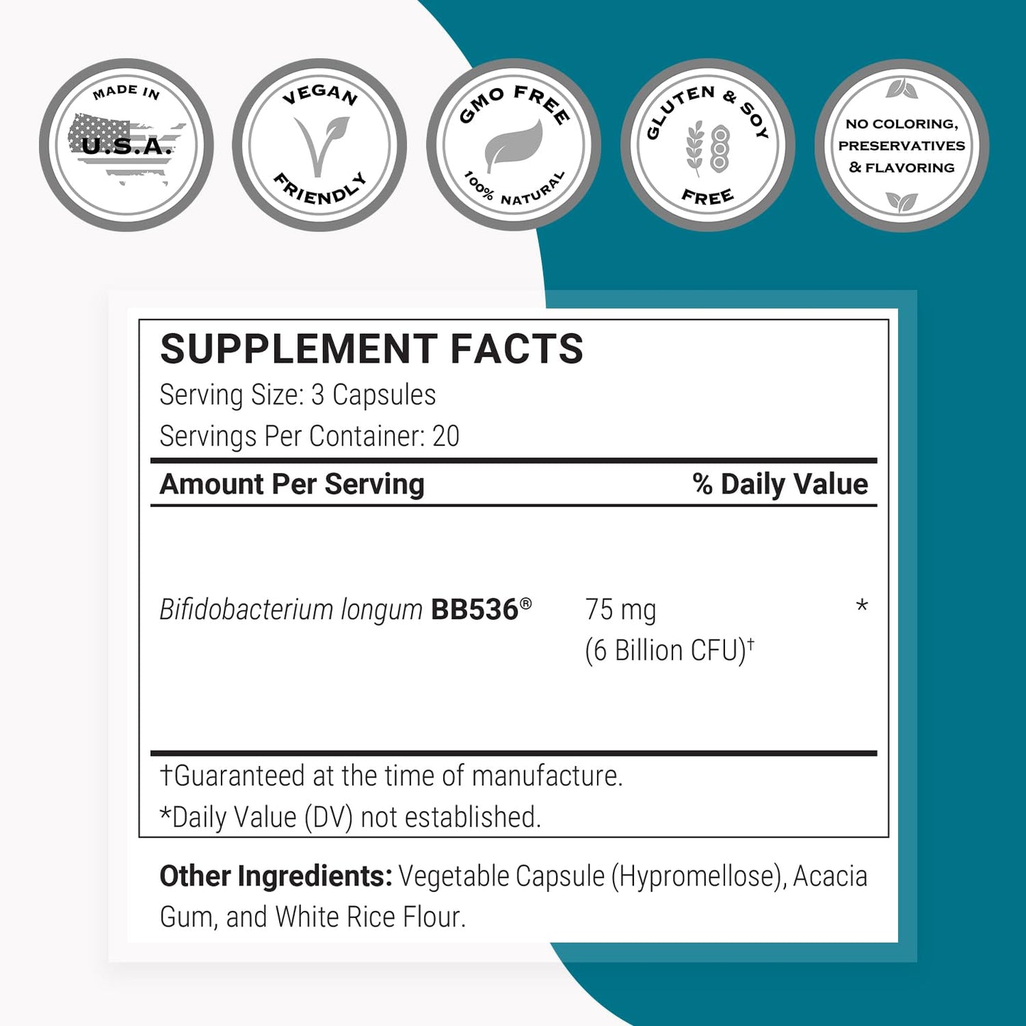 Supersmart Bifidobacterium Longum (BB536) 6 Billion CFU per Day - Probiotics & Prebiotics Supplement Capsules, 60 Count