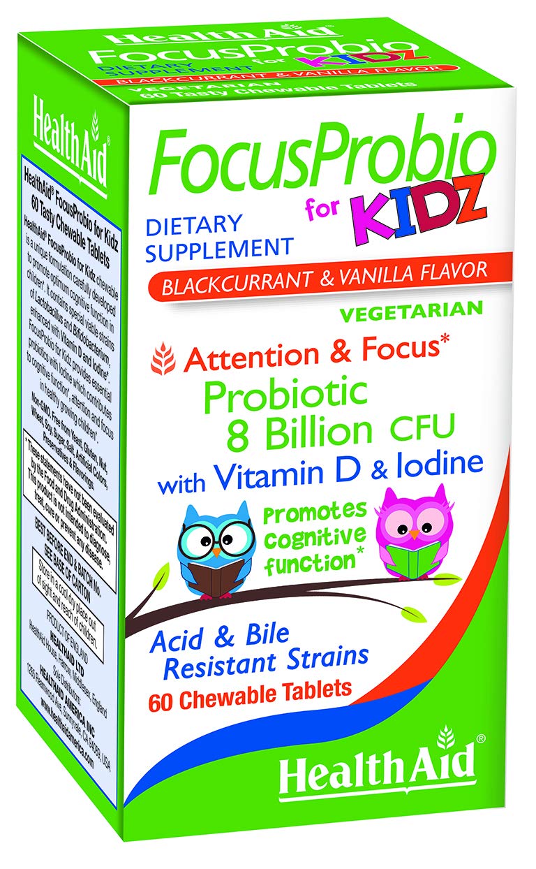 HealthAid FocusProbio Kidz 8 Billion CFU Probiotic for Kids – Vitamin D & Iodine – Chewable Tablets, Blackcurrant & Vanilla – Acid & Bile Resistant, Vegetarian – 60 Tablets