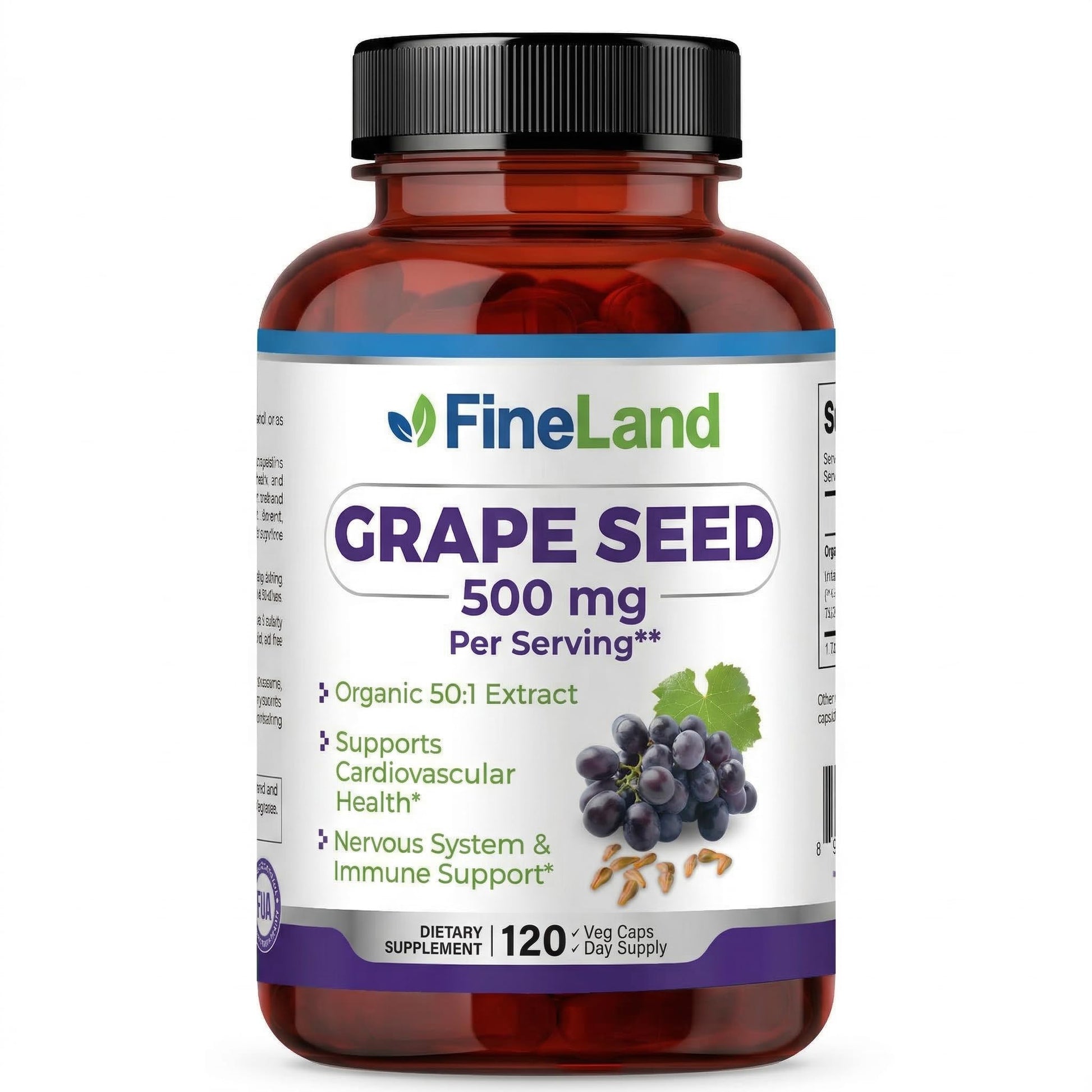 FineLand Organic Grape Seed Extract Capsules, 120 Count