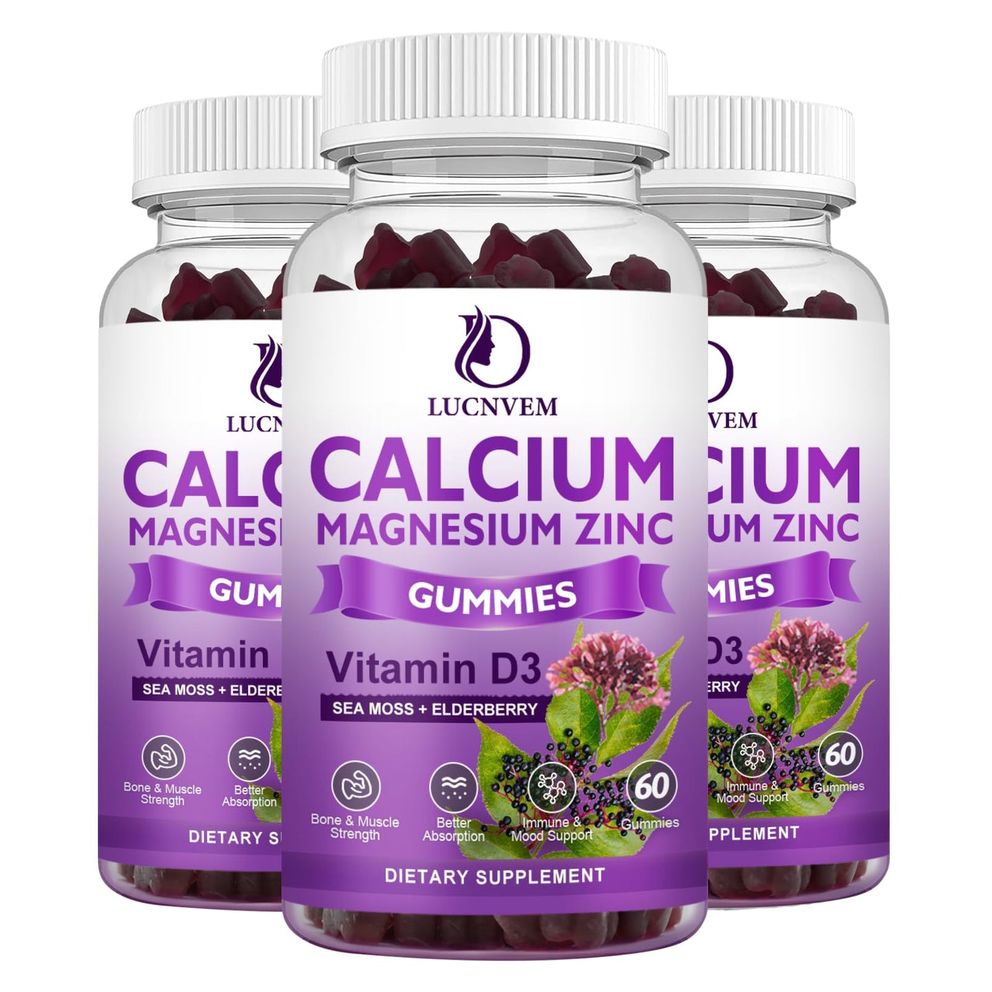 LUCNVEM Calcium Magnesium Zinc Gummies with Elderberry and Sea Moss, 180 Gummies
