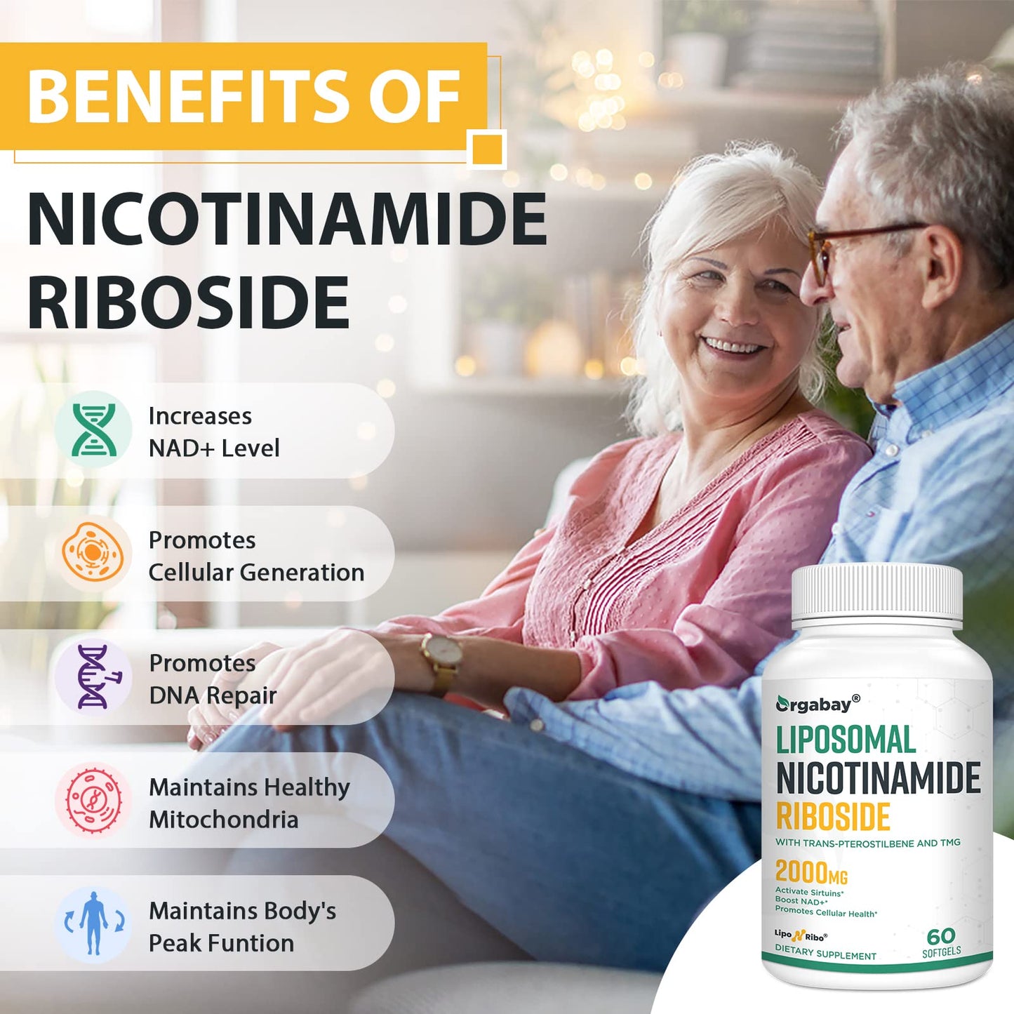 Orgabay Liposomal Nicotinamide Riboside 2000 MG with TMG and Pterostilbene Softgels, 120 Count