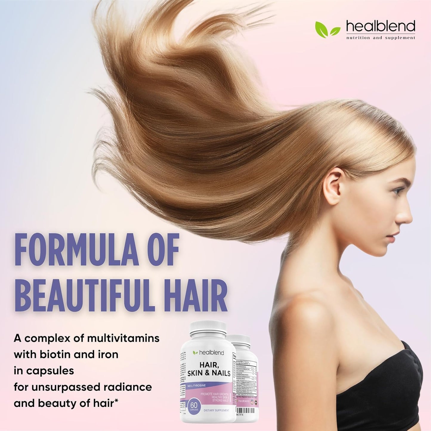 healblend Hair Skin and Nails Vitamins for Women with Biotin 5000 mcg, Iron and Manganese, Vegan, Non-GMO, 60 Capsules