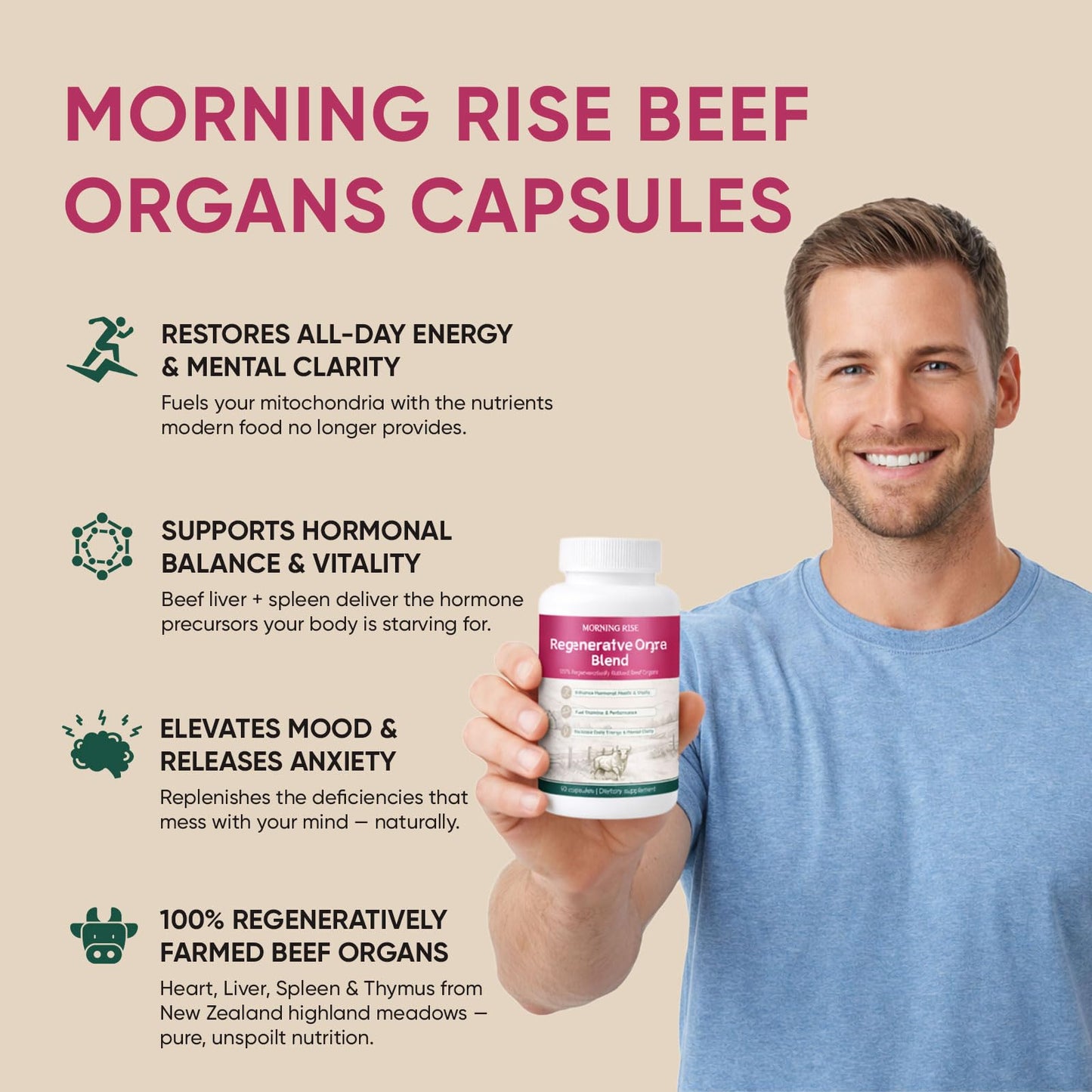 MORNING RISE Regeneratively Raised Beef Organs Capsules, 1 Count