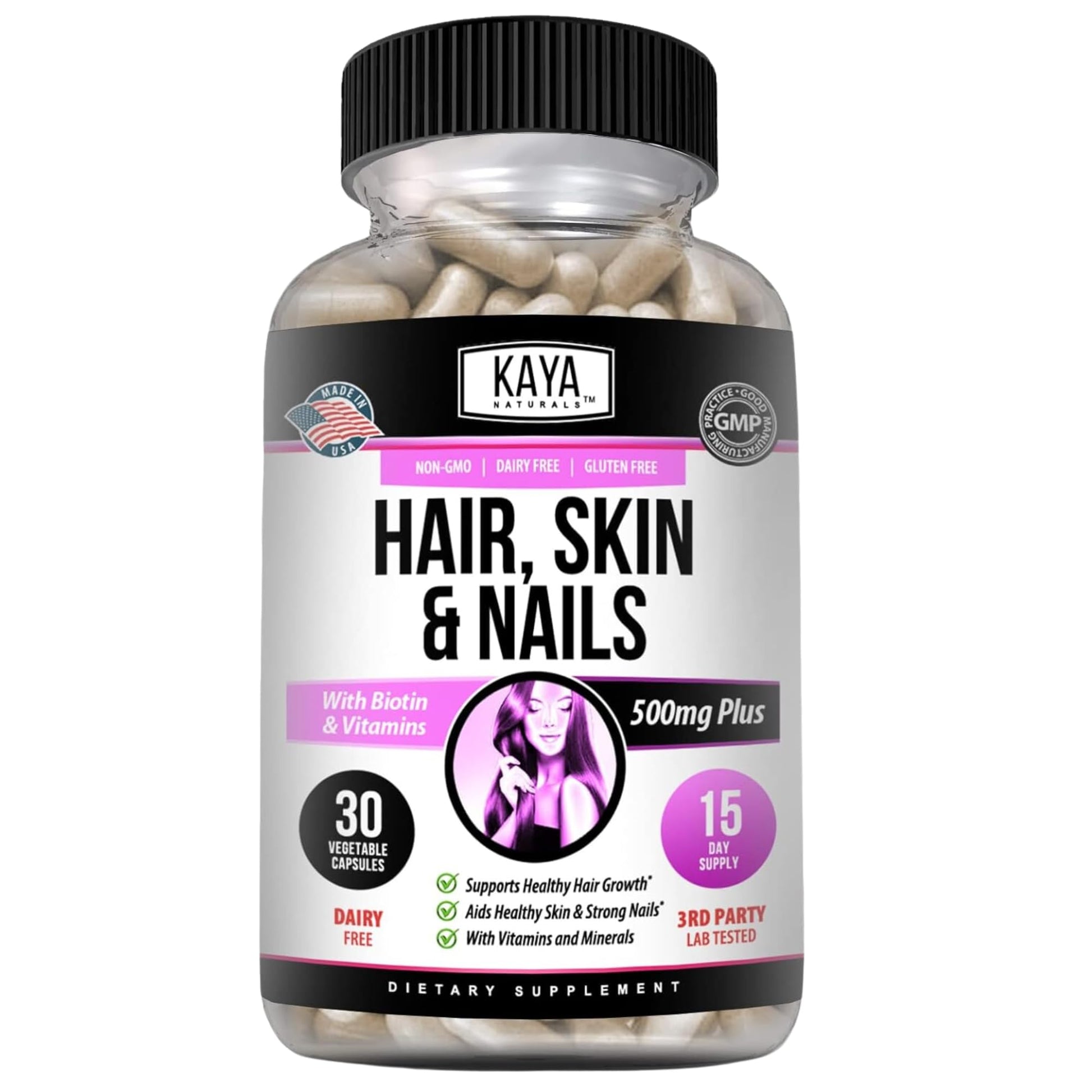 Kaya Naturals Hair Skin Nail Capsules with Biotin, 30 Count