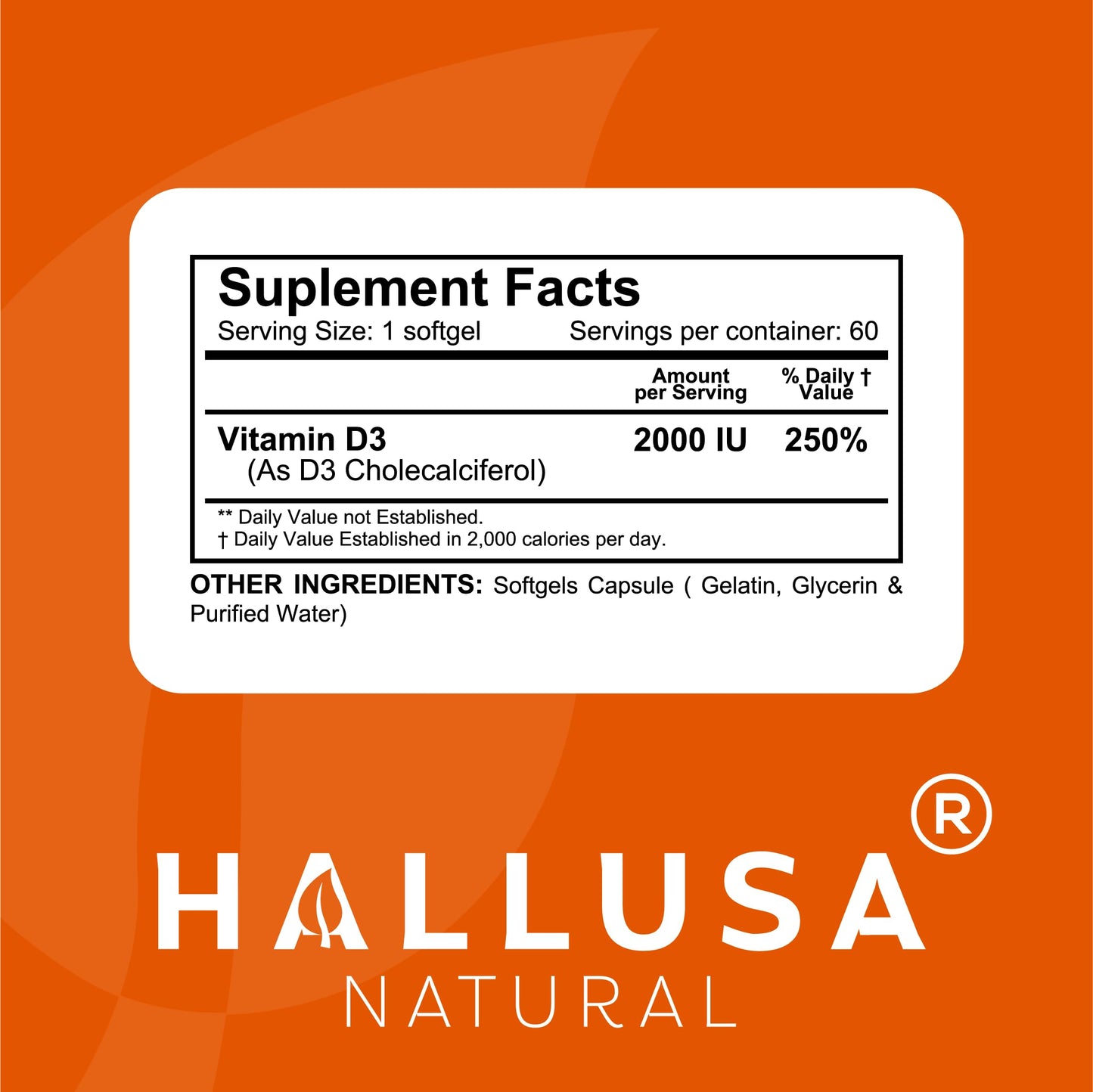 Hallusa Natural HallD3 Vitamin D3 2000 IU Softgels, 60 Count