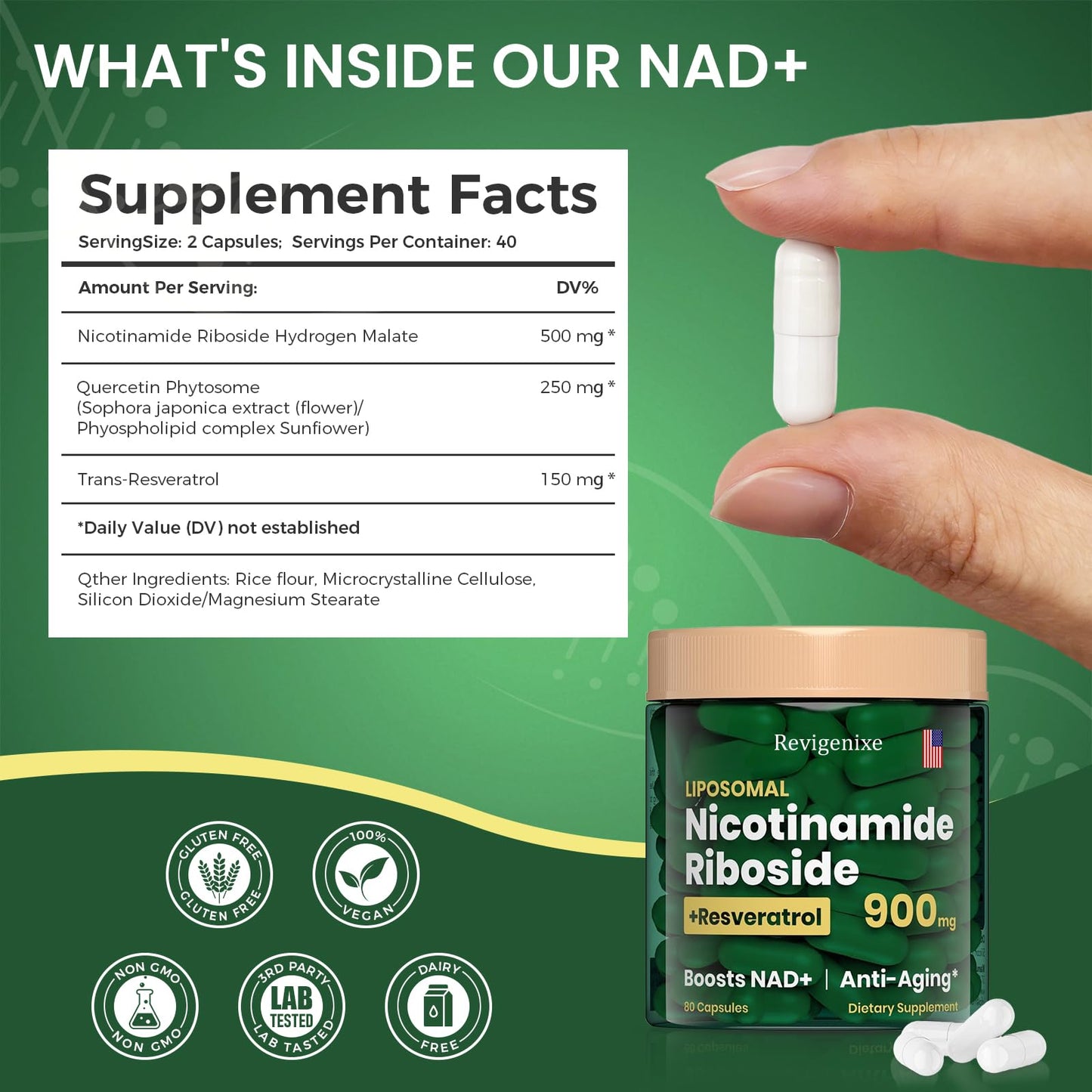 Revigenixe NAD+ Supplement - Liposomal Nicotinamide Riboside & Resveratrol 900mg, NAD Resveratrol Supplement, 80 Caps