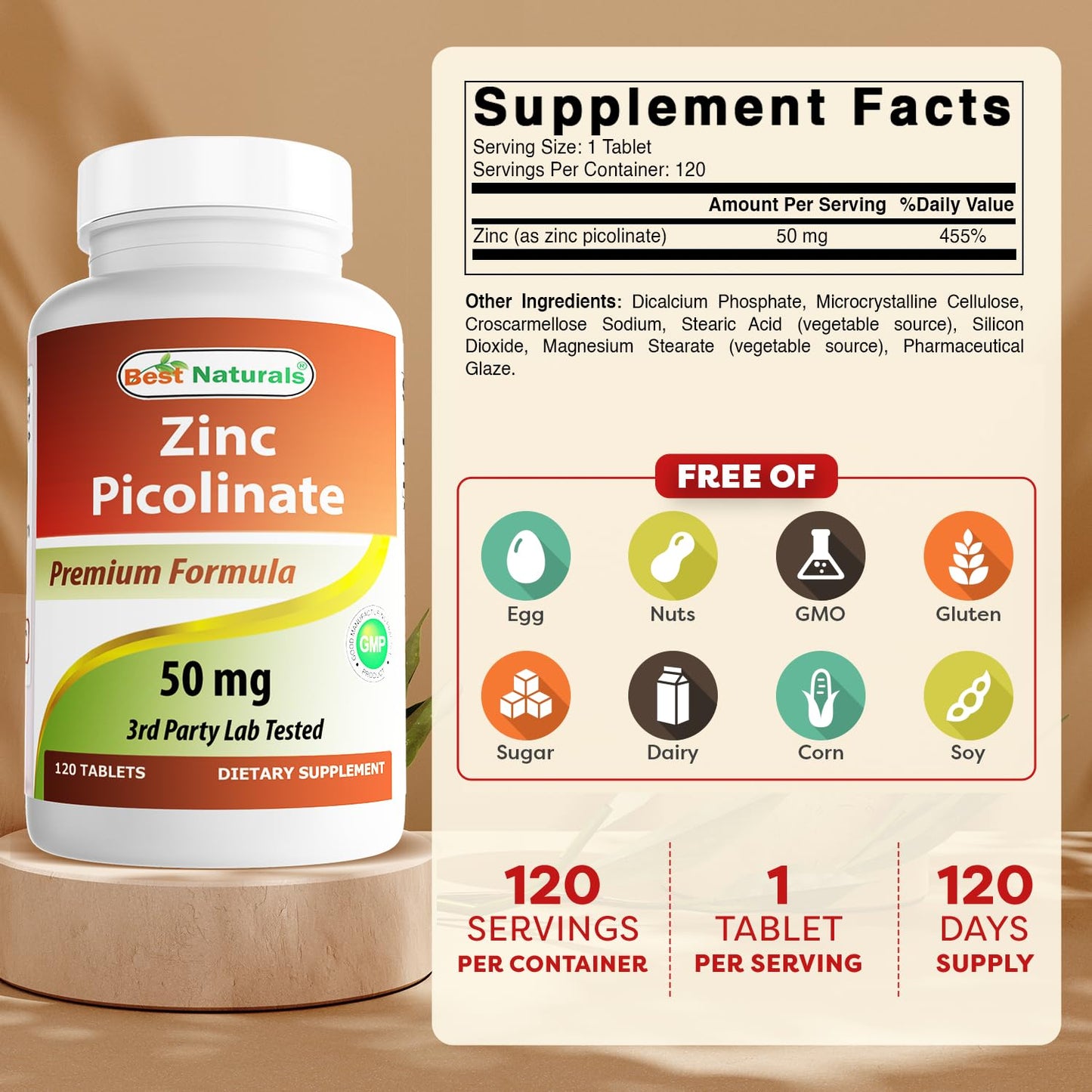 Best Naturals Zinc 50mg Supplements (as Zinc Picolinate) - Vitamins for Adults Immune Support, 120 Tablets
