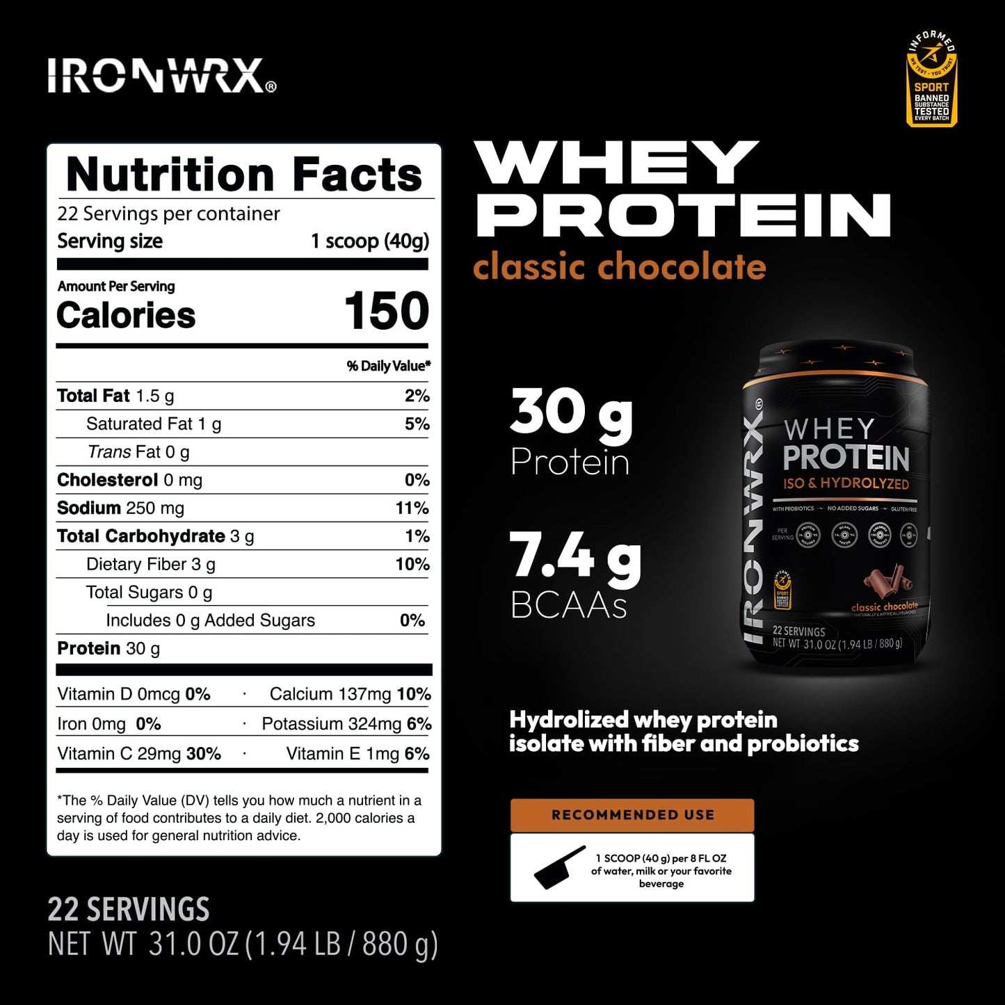 IRONWRX 100% Hydrolyzed Whey Protein Isolate Powder, Chocolate, Informed Sport Certified, Low Carb, Keto Friendly, Fast Absorbing, 31