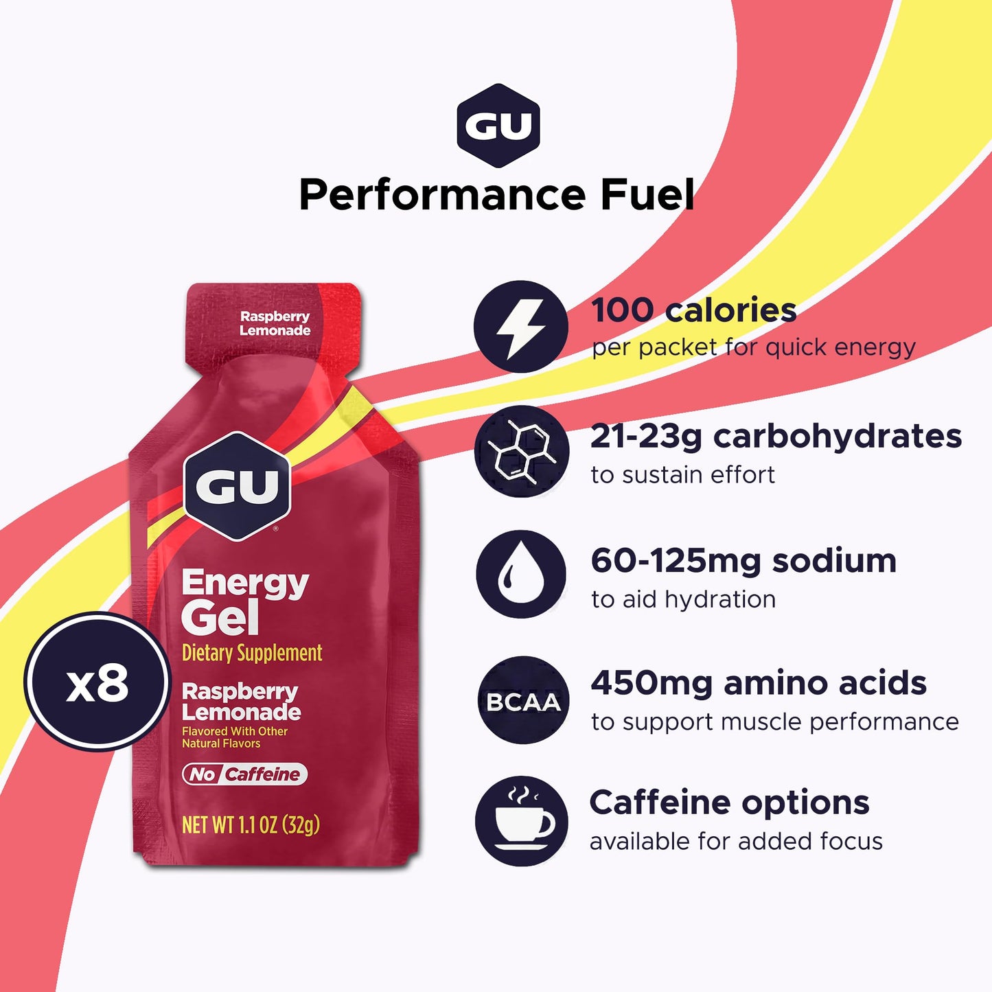 GU Energy Original Sports Nutrition Energy Gel, 8-Count, Vegan, Gluten-Free, Kosher, and Dairy-Free On-The-Go Energy for Any Workout, Raspberry Lemonade