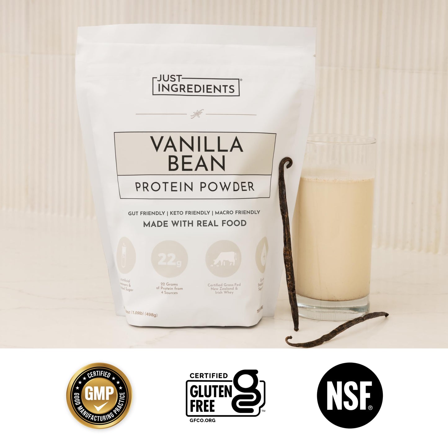 JUST INGREDIENTS Vanilla Protein Powder Grass-Fed Whey, 15 Servings