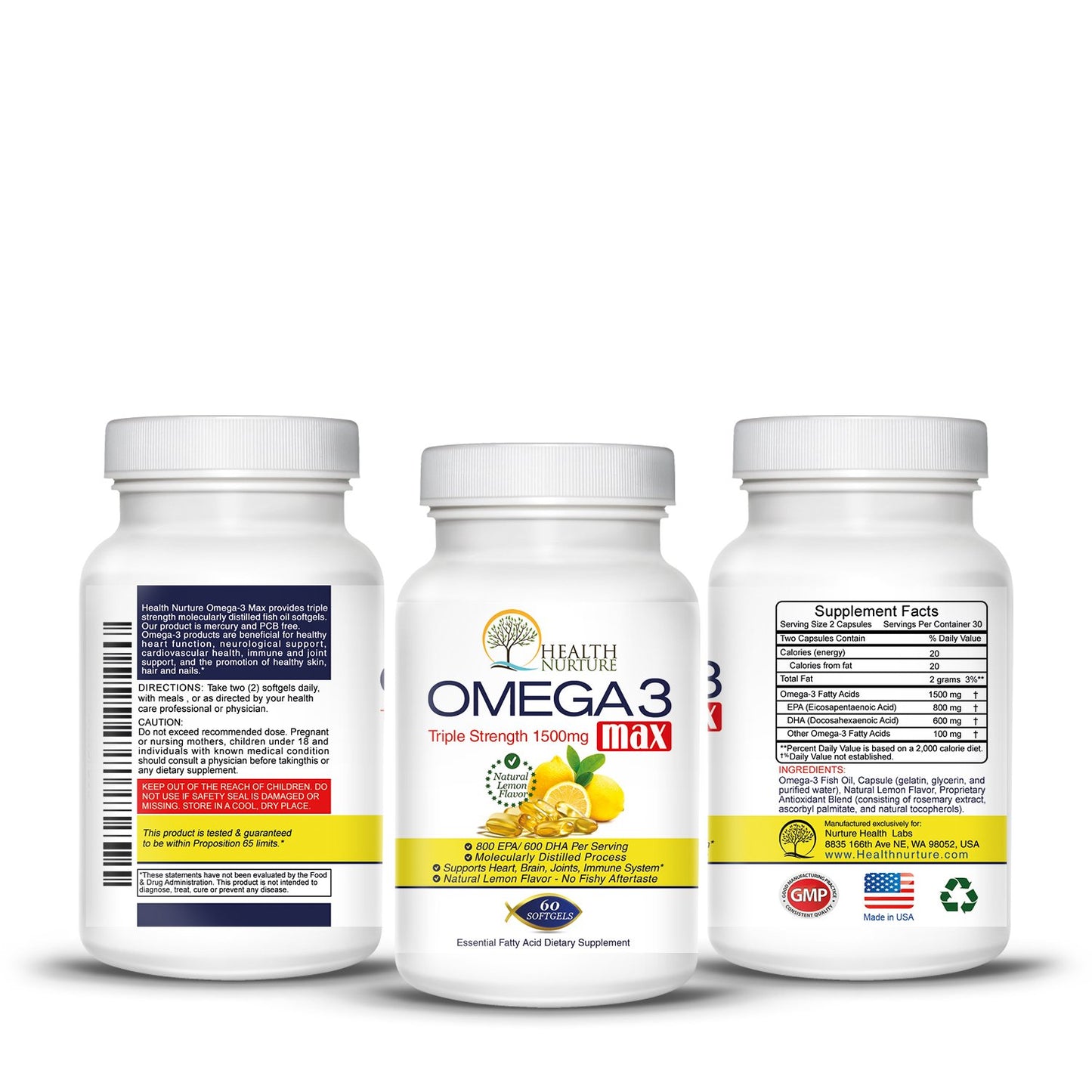 Health Nurture Fish Oil Omega-3 Maximum Strength 1500mg (800 EPA/600 DHA) Pharmaceutical Grade Fish Oil Capsule, 1 Count