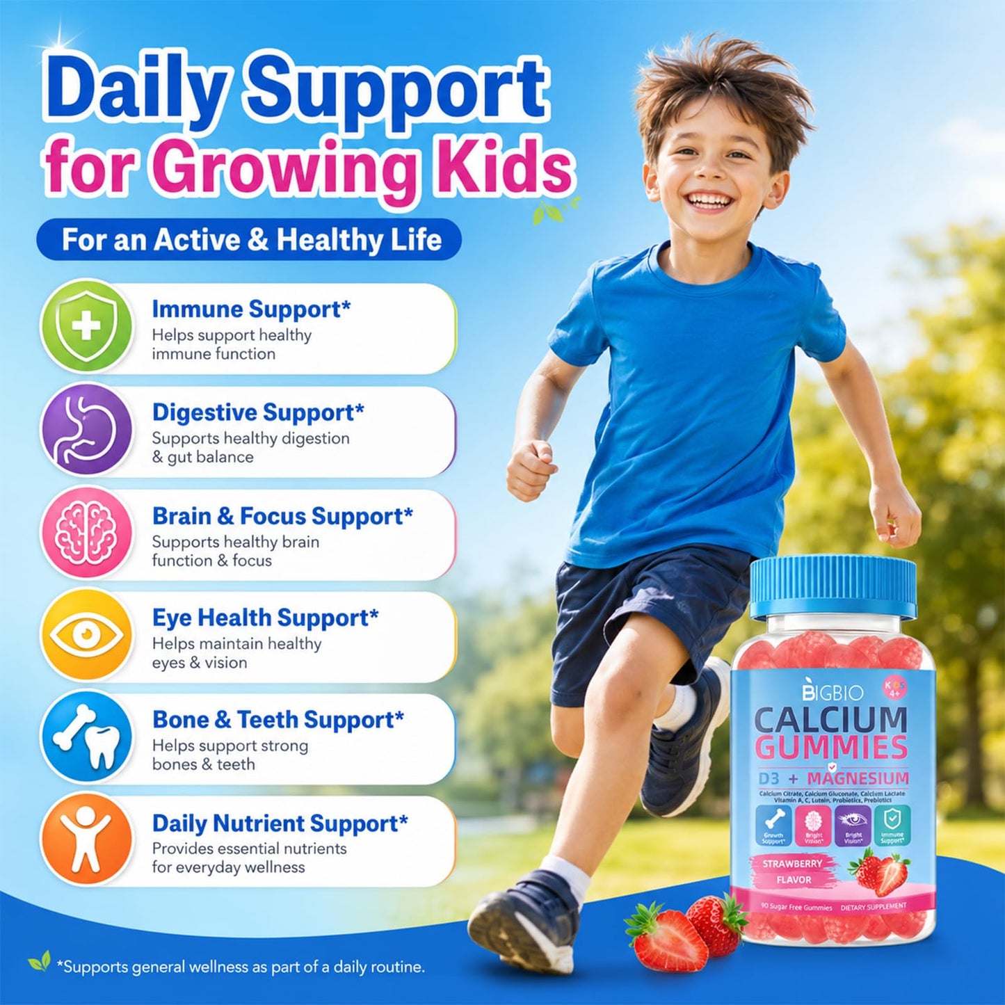 BIGBIO Kids Calcium Gummies with D3 & Magnesium, Probiotics & Prebiotics, Bone & Muscle Support, Vision & Immune Health, Sugar-Free, Strawberry Flavor, 90 Gummies