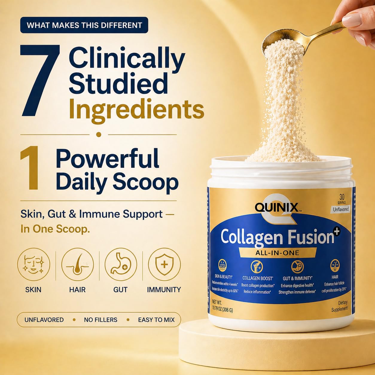 QUINIX Advanced Collagen Powder 6.7 oz Unflavored, 7-in-1 with VERISOL Bioactive Peptides for Skin, Hair & Nails + Gut & Immune Support ImmunoLin & Probiotics