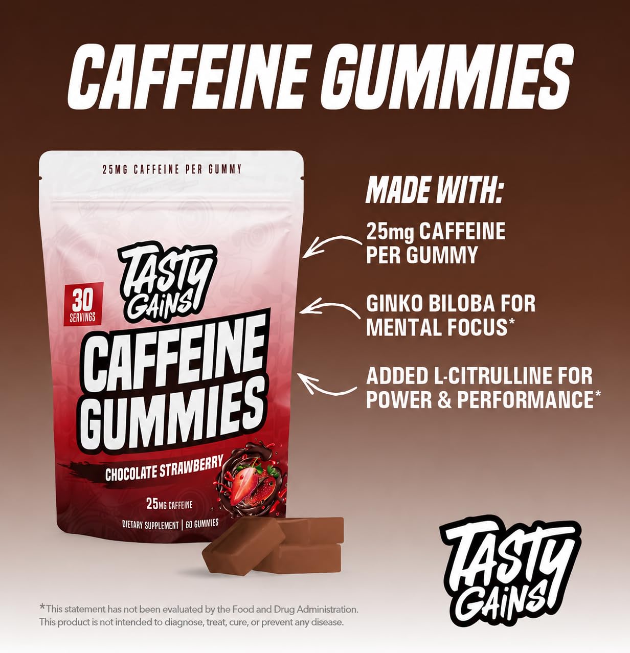 TASTY GAINS Caffeine Pre Workout Gummies, 25mg Caffeine Per Gummy, 60 Count