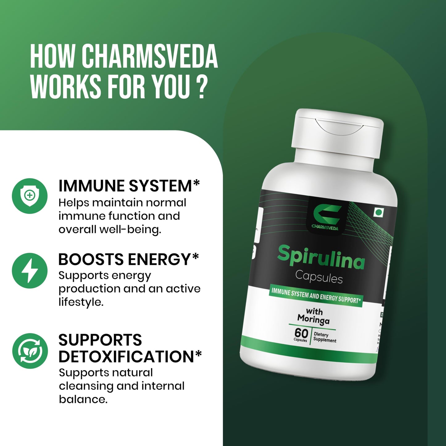 CHARMSVEDA Spirulina Capsules with Moringa, 60 Capsules