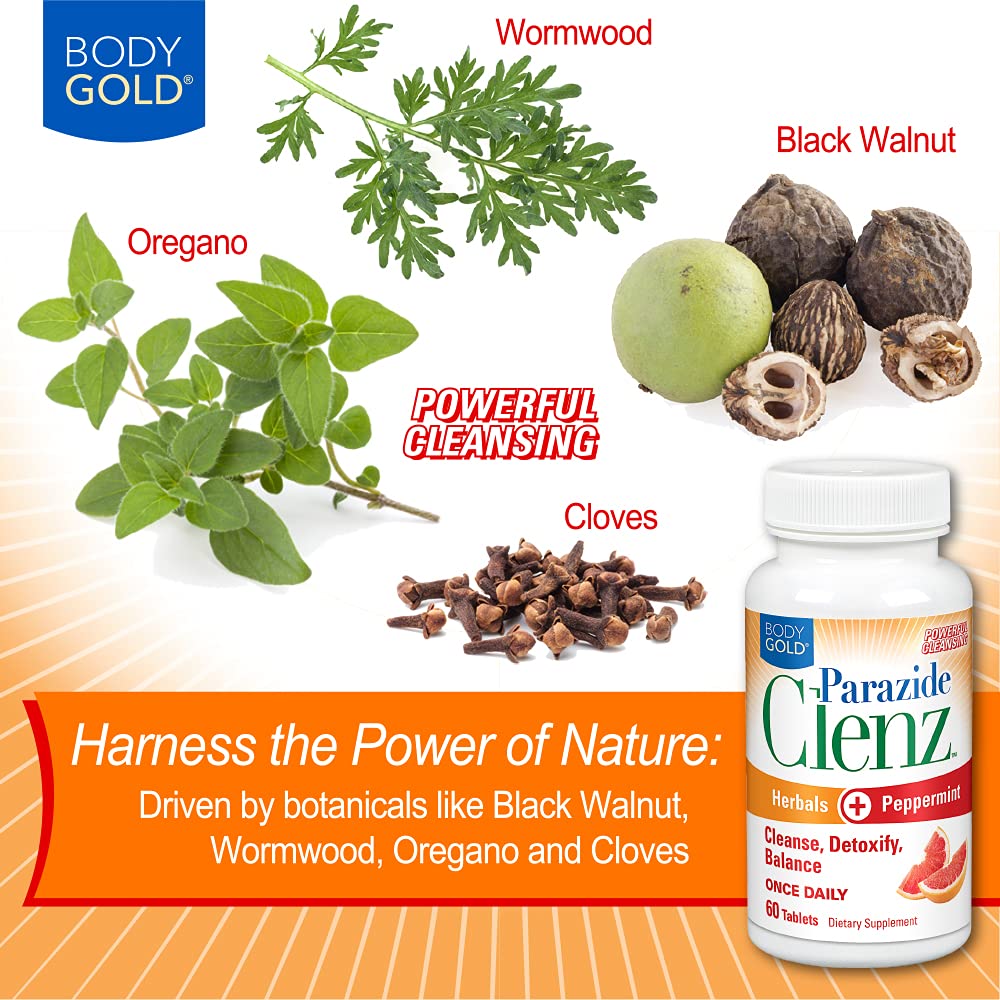 Body Gold Parazide Clenz Herbals & Peppermint Intestinal Cleanse & Detox with Black Walnut & More, 60 Tablets
