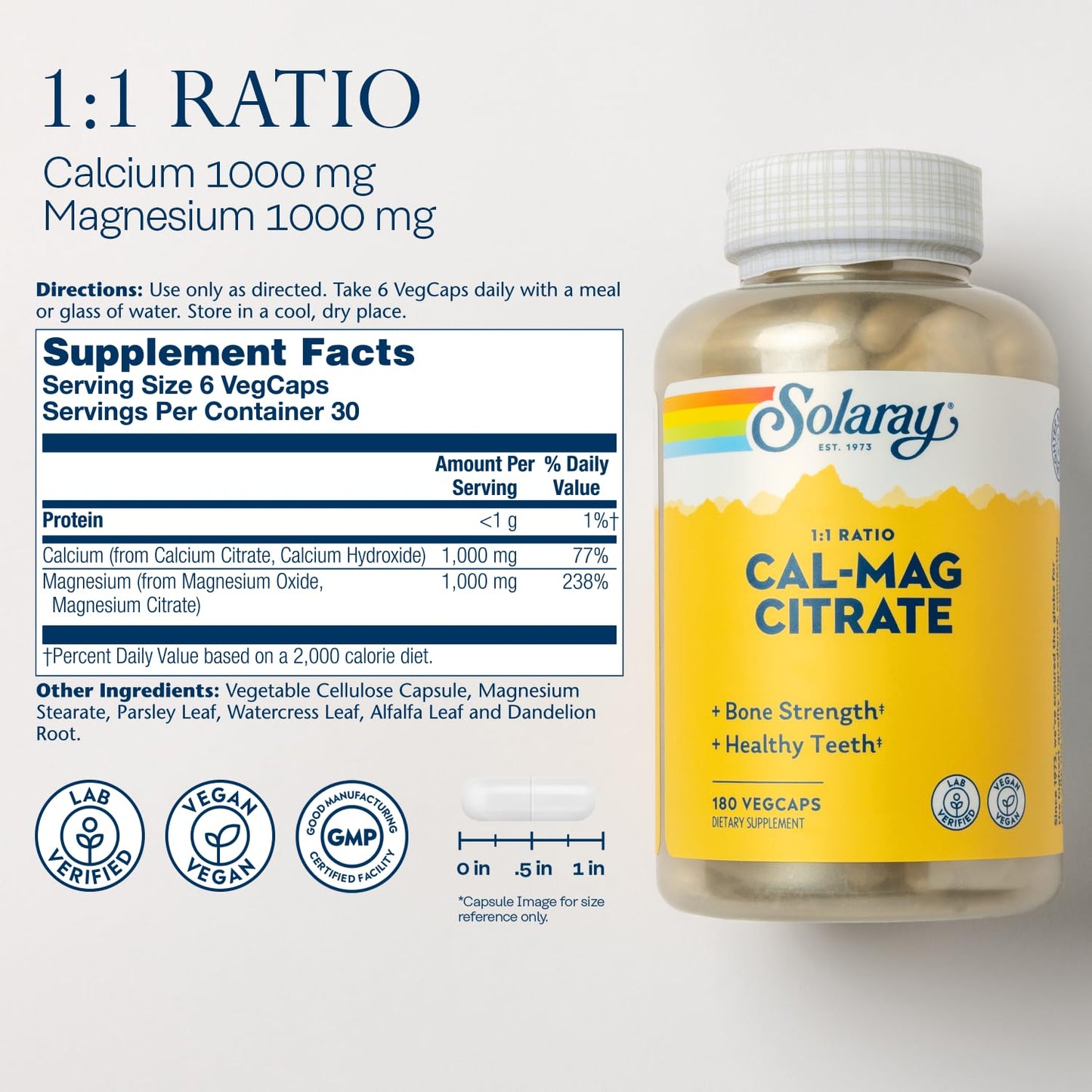 Solaray Calcium Magnesium Citrate 1:1 Capsules, 180 Count
