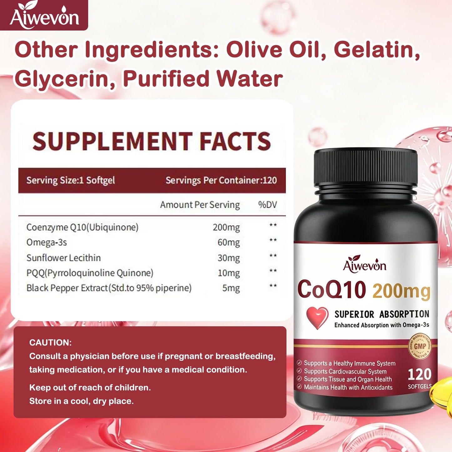 Aiwevon CoQ10 200mg Softgels with PQQ & Omega 3, 120 Count