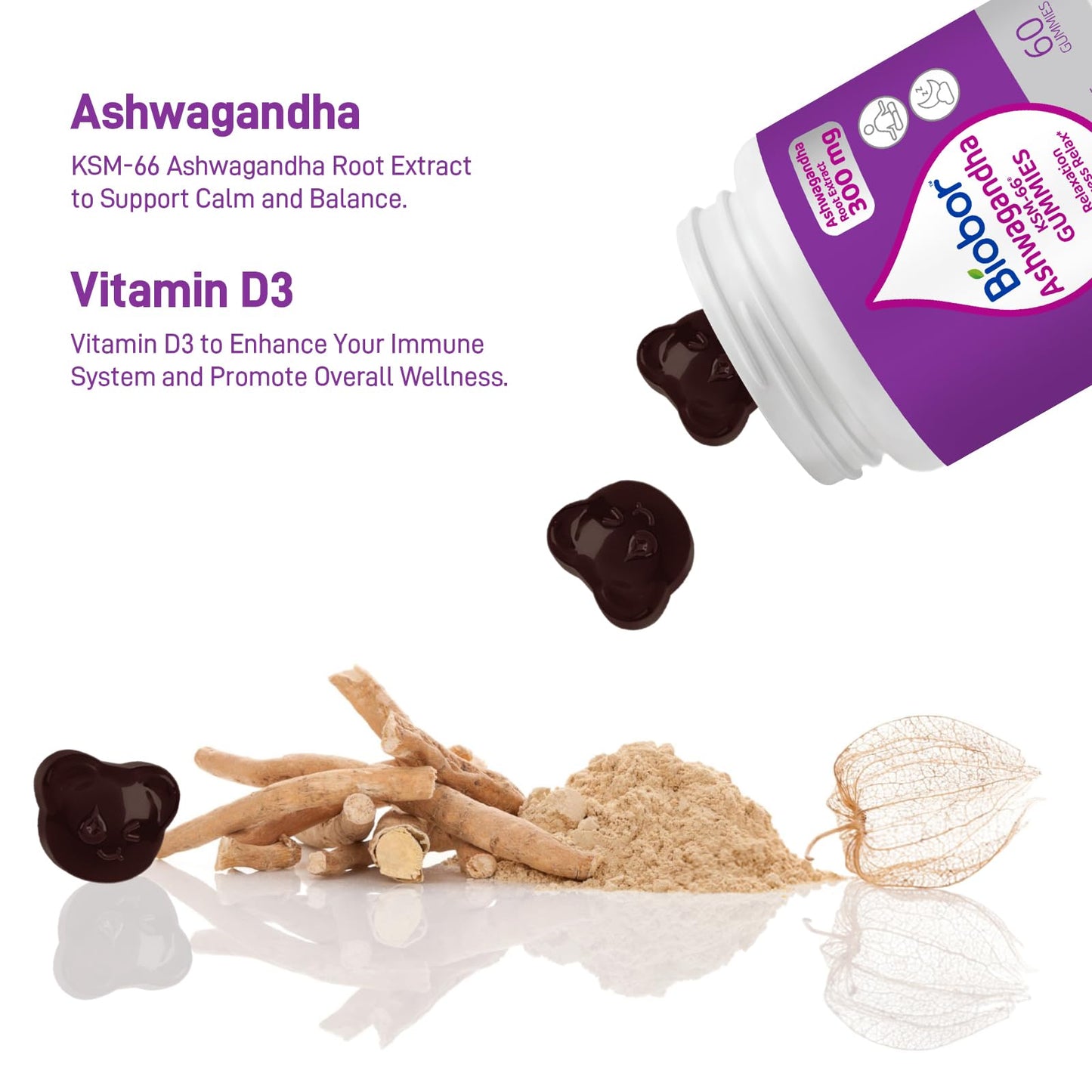 Biobor Ashwagandha Gummies with KSM-66 Ashwagandha Root Extract and Vitamin D3, Relaxation & Immune Support, 120 Count