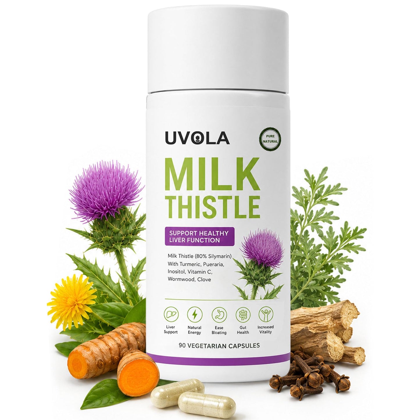 Vuiea Natural Milk Thistle Supplement 80% Silymarin Capsule, 90 Count