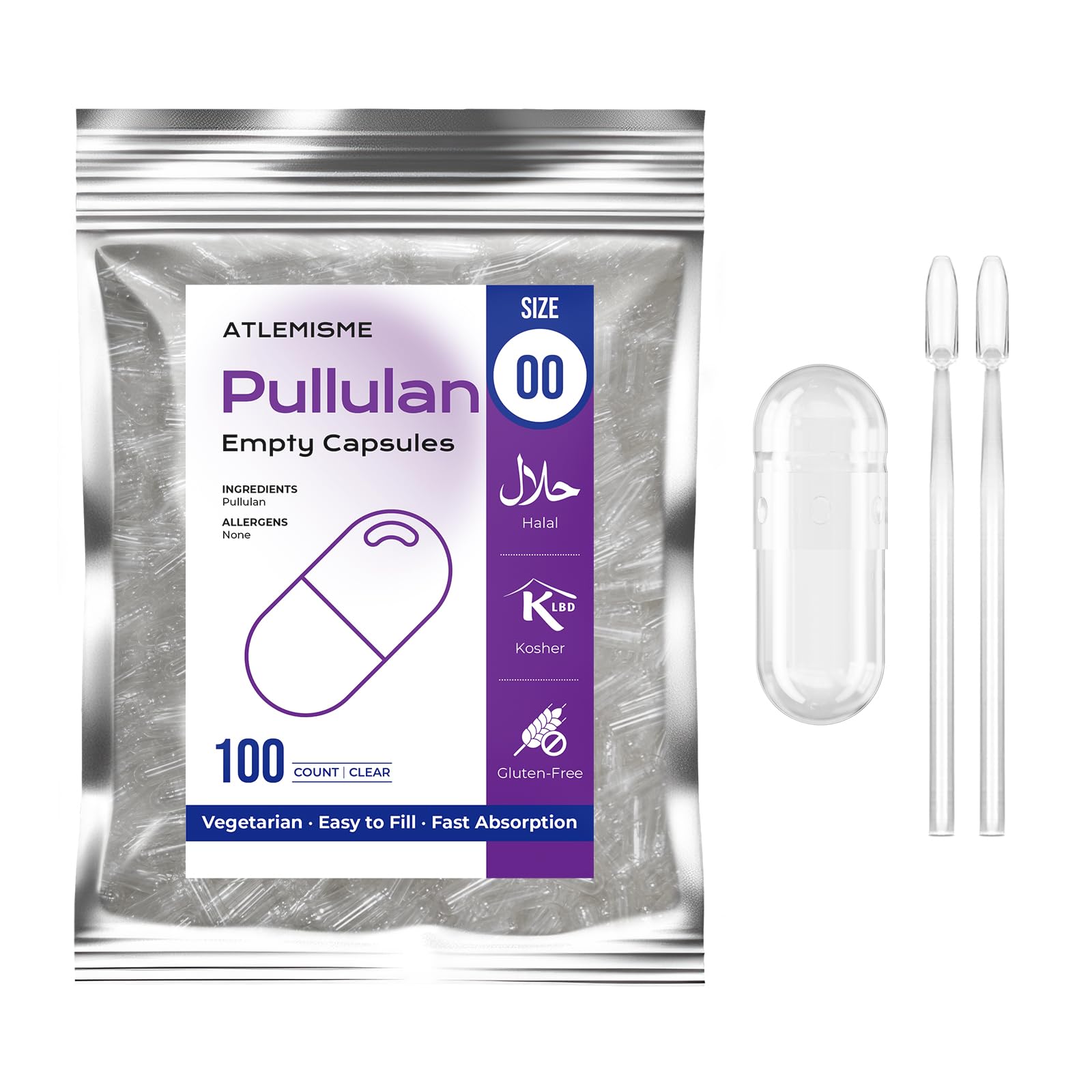 ATLEMISME Pullulan Empty Capsules Size 00 - Vegan Capsules, 100 Count