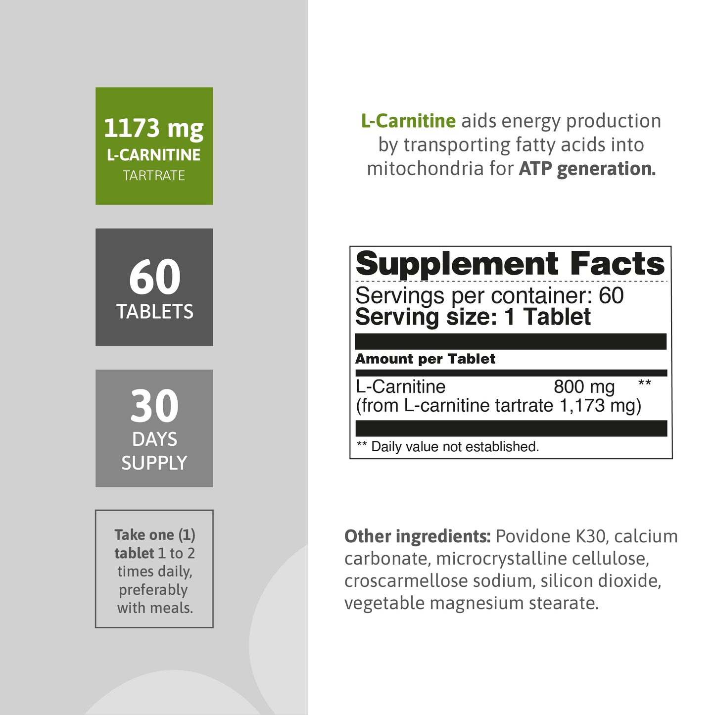 Healthy Sports L-Carnitine Tartrate 1173 mg Tablet, 60 Count