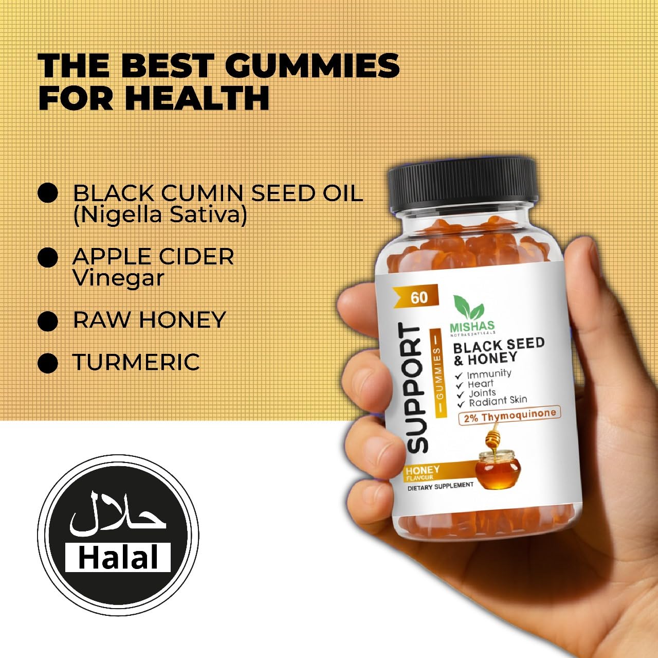 Mishas Black Seed Oil and Honey Gummies, 2% Thymoquinone, Immune Support, Joint Health, 60 Gummies