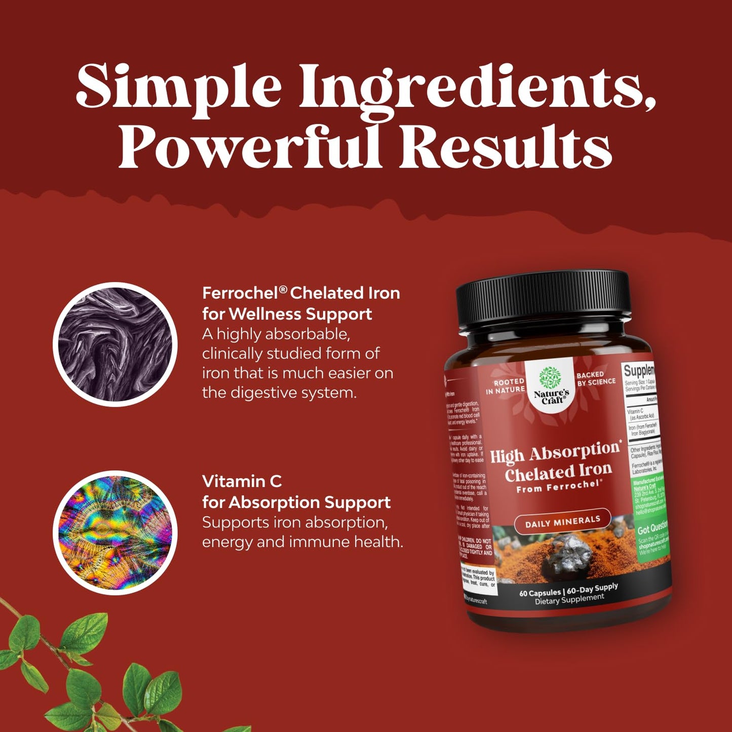 Natures Craft Slow Release Iron Bisglycinate Capsule, 60 Count