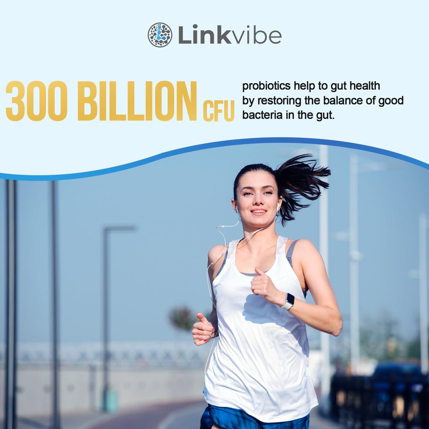 Linkvibe Probiotic 300 Billion CFU - 12 Strains with Organic Prebiotics for Digestive & Gut, Immune, Bloating Health - Probiotics for Women and Men - Daily Dairy Free, Shelf Stable Capsules 60 Count