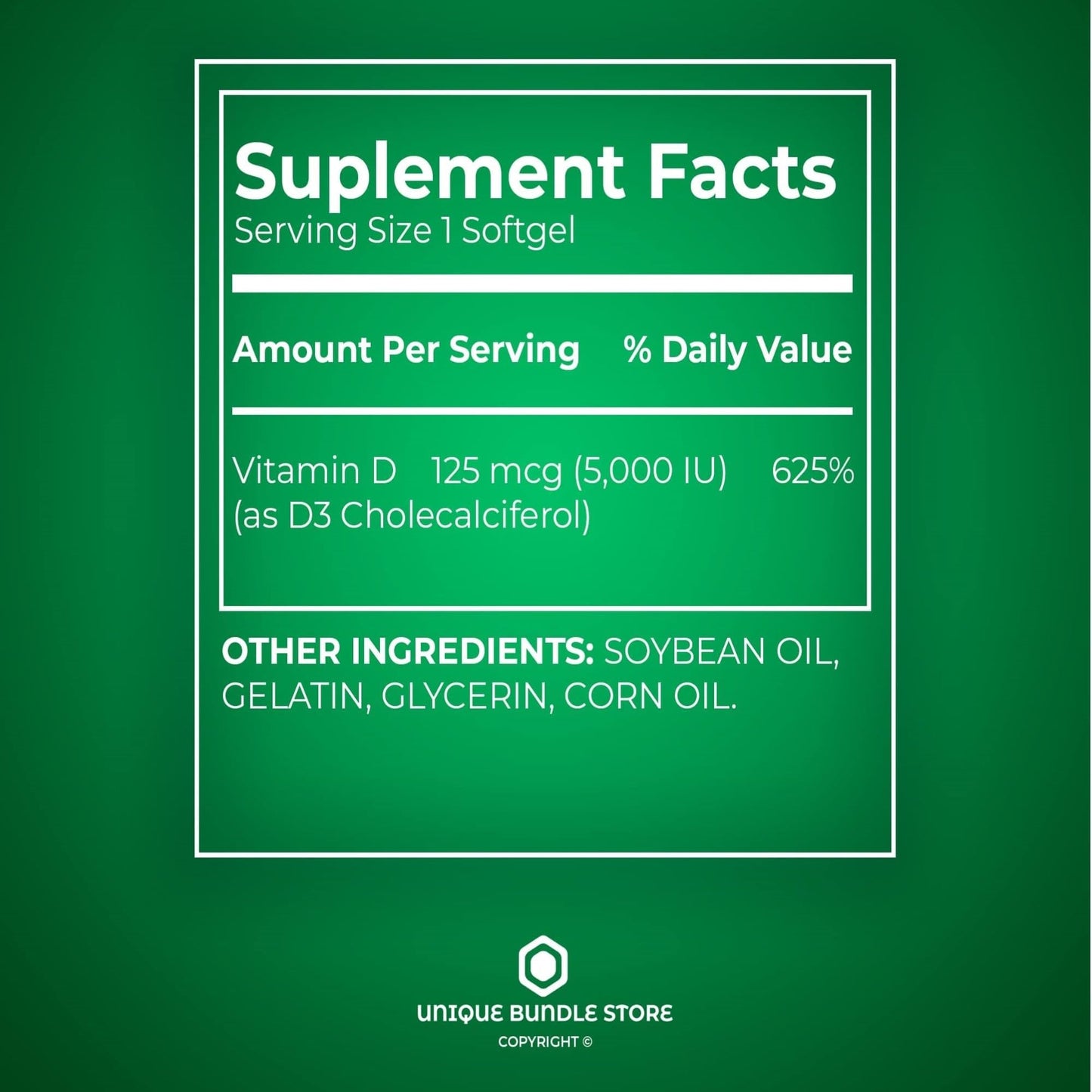 Unique Bundle Store Vitamin D3 5000 IU (125 mcg) Softgels, 300-count