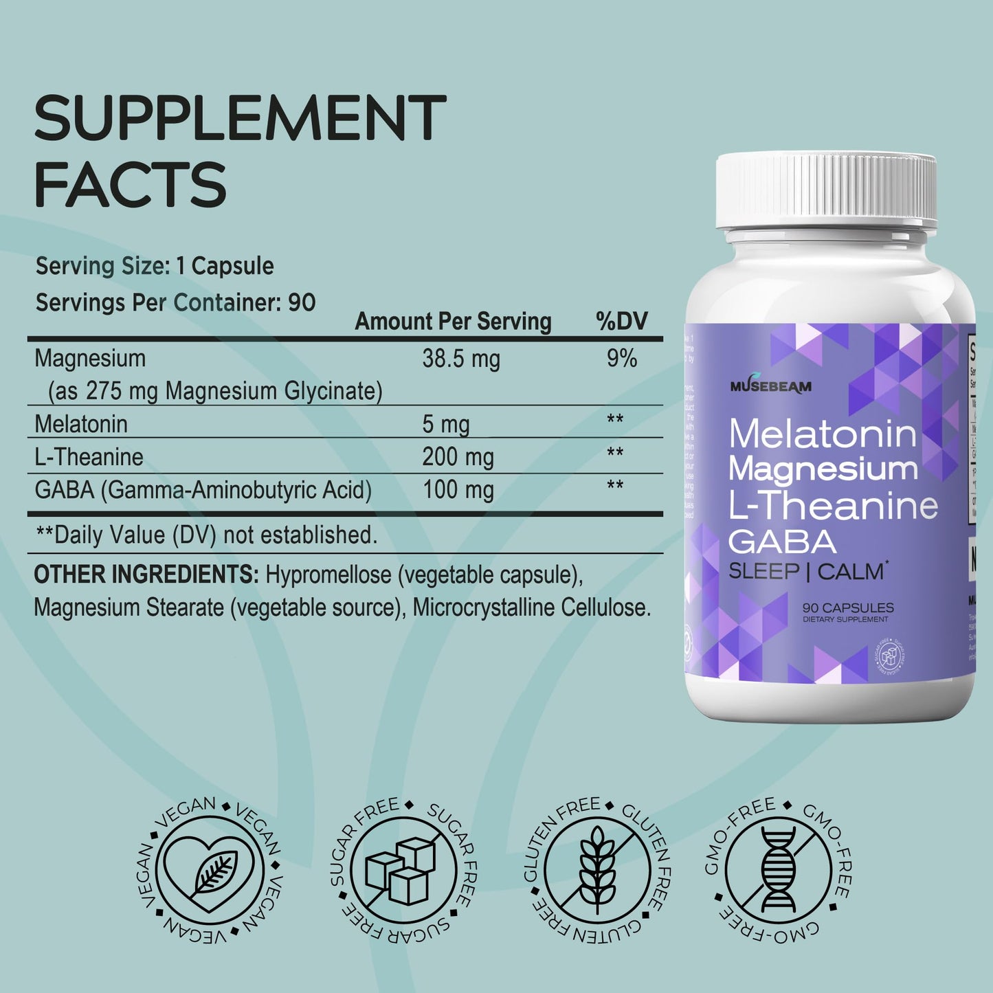 MuseBeam Magnesium Glycinate 275mg with Melatonin 5mg, L-Theanine 200mg & GABA 100mg Capsules, 90 Count