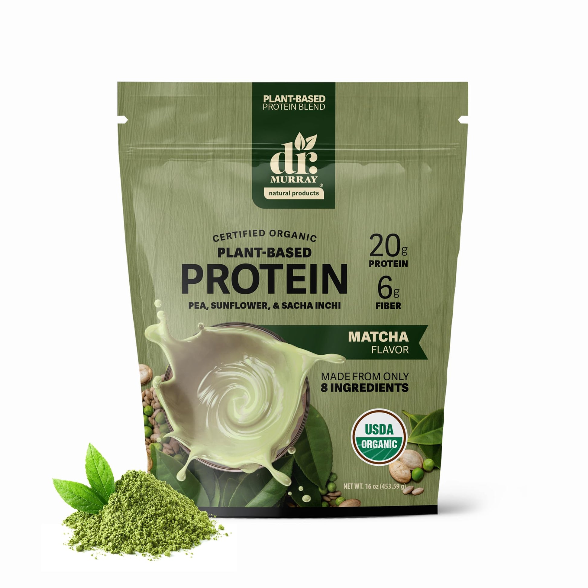 Dr. Murray Natural Products Organic Plant Based Protein Powder Matcha 1 lb, 16 Servings