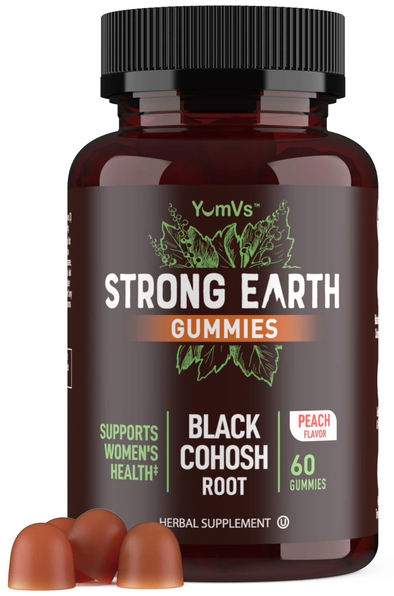 YUM-V'S Black Cohosh Gummies for Menopause Relief, 50mg Black Cohosh Root, Gluten-Free, Vegetarian, Non-GMO, Hormone Balance Support, Peach Flavor, 60 Gummies