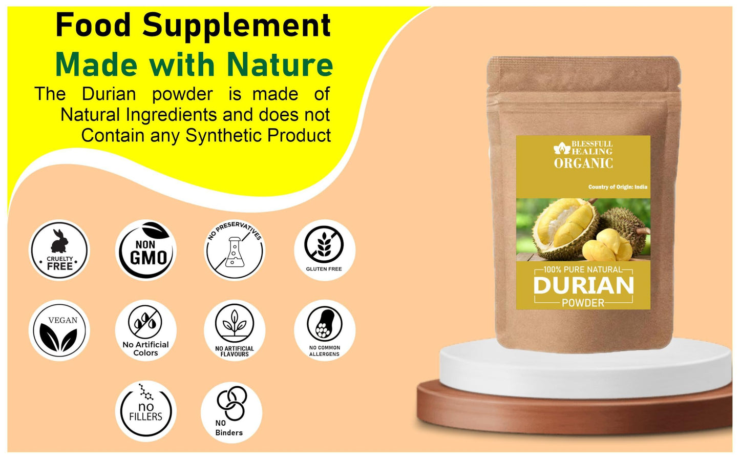 Blessfull Healing Organic Durian Powder, 200 Gram / 7.05 Ounce