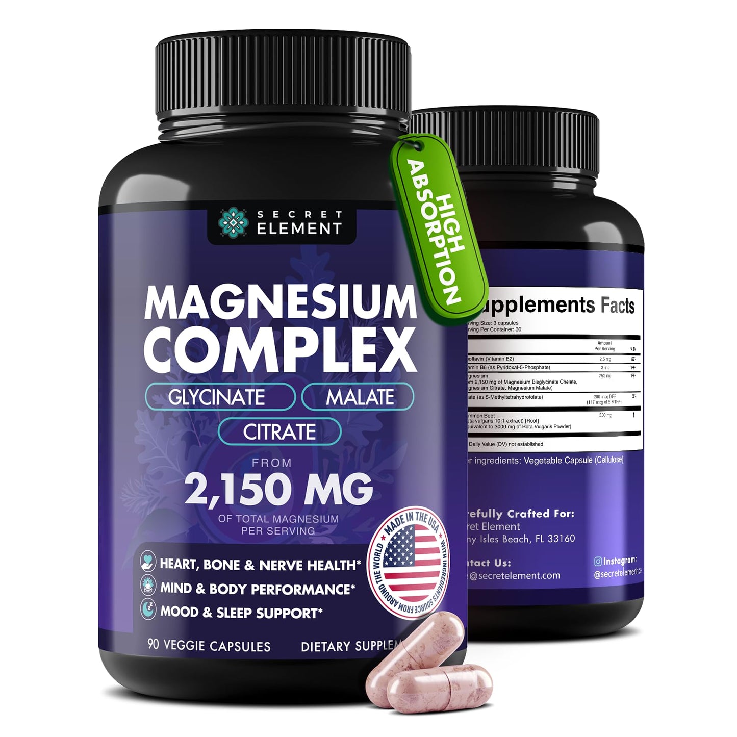 Secret Element Magnesium Complex Capsules 2,150mg with Magnesium Glycinate, Citrate & Malate, 90 Capsules