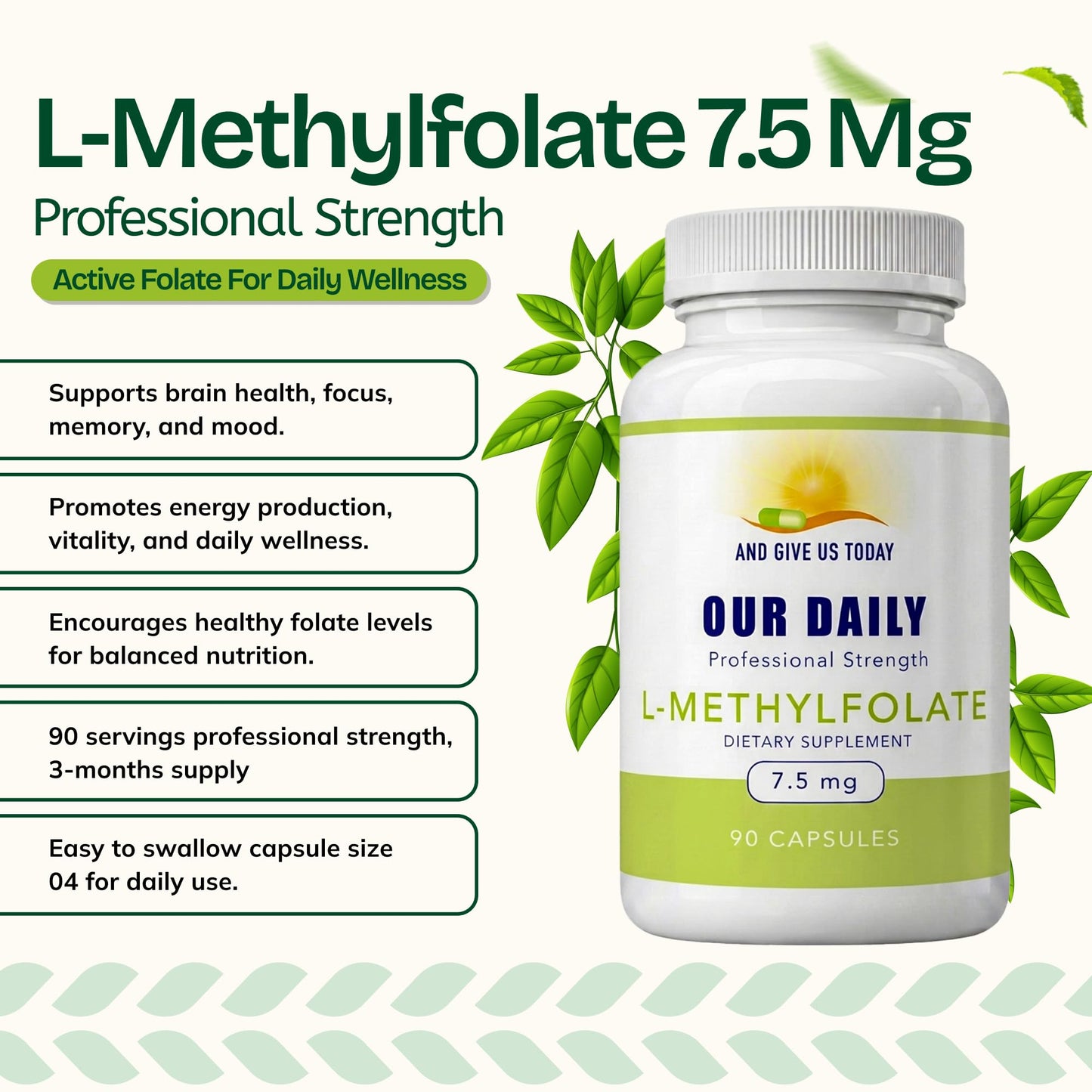Our Daily Vites L-Methylfolate 7.5mg – Active 5-MTHF Methylated Folate Supplement for Brain Health, Focus & Mood Support, 90 Capsules