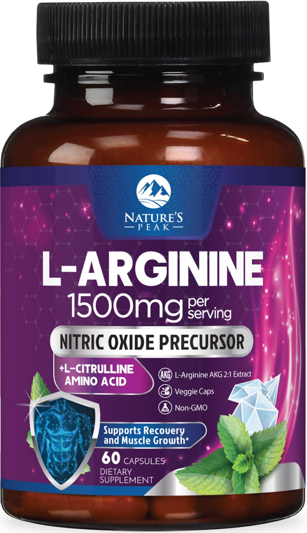 Nature's Peak L-Arginine Complex Extra Strength Nitric Oxide Booster Supplement Premium Energy Blend for Natural Heart Health & Muscle Support Non-GMO 60 Capsules