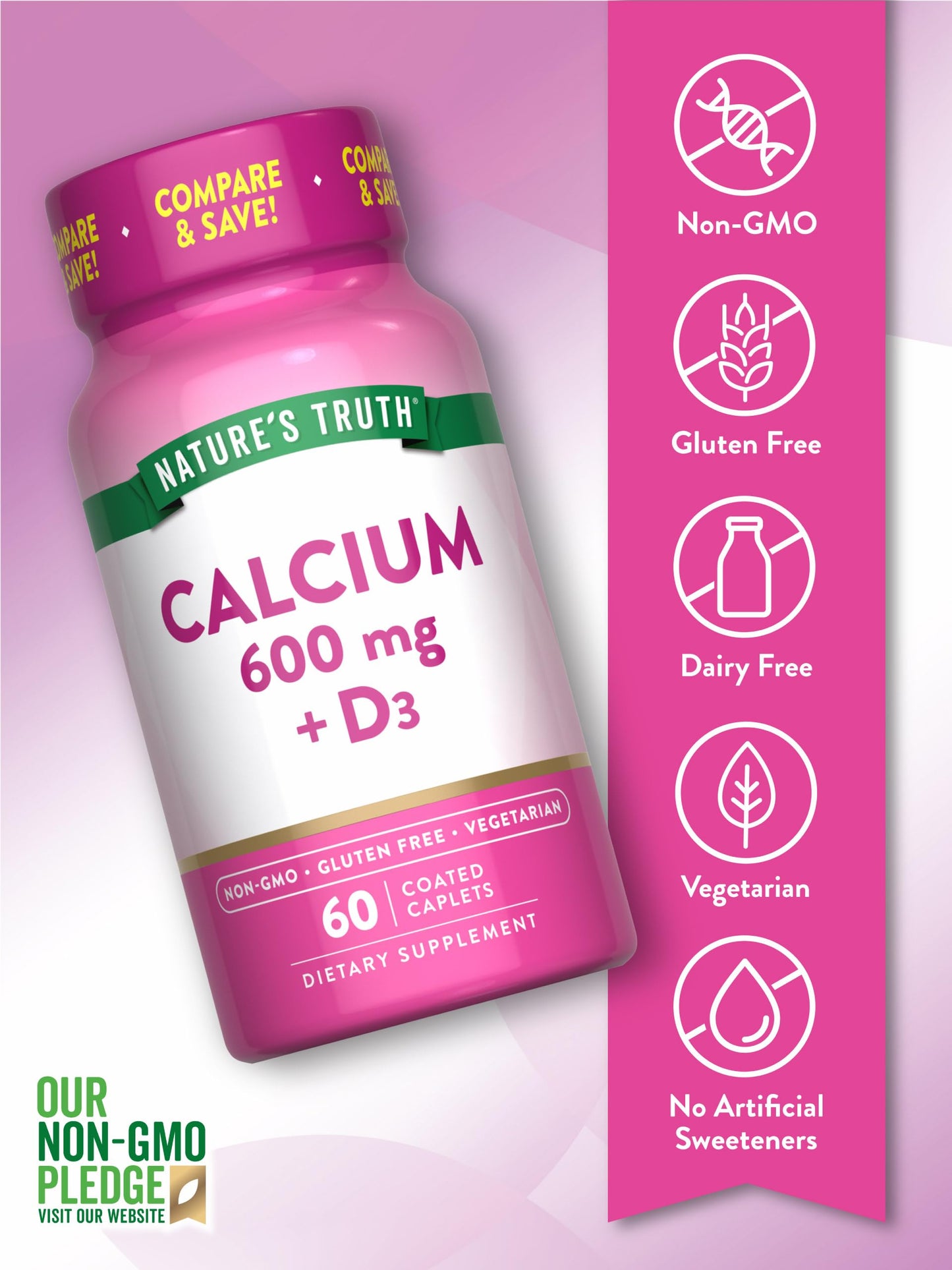 Nature's Truth Calcium 600 mg with Vitamin D3 Caplets, 60 Count